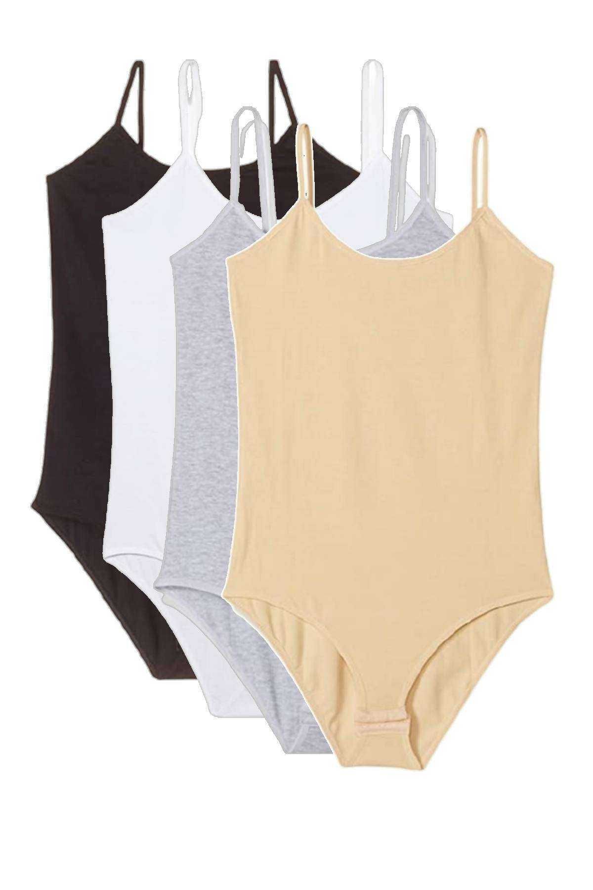 Shop58 4 Adet İp Askılı Kadın Çıtçıtlı Body Siyah Beyaz Gri Ten