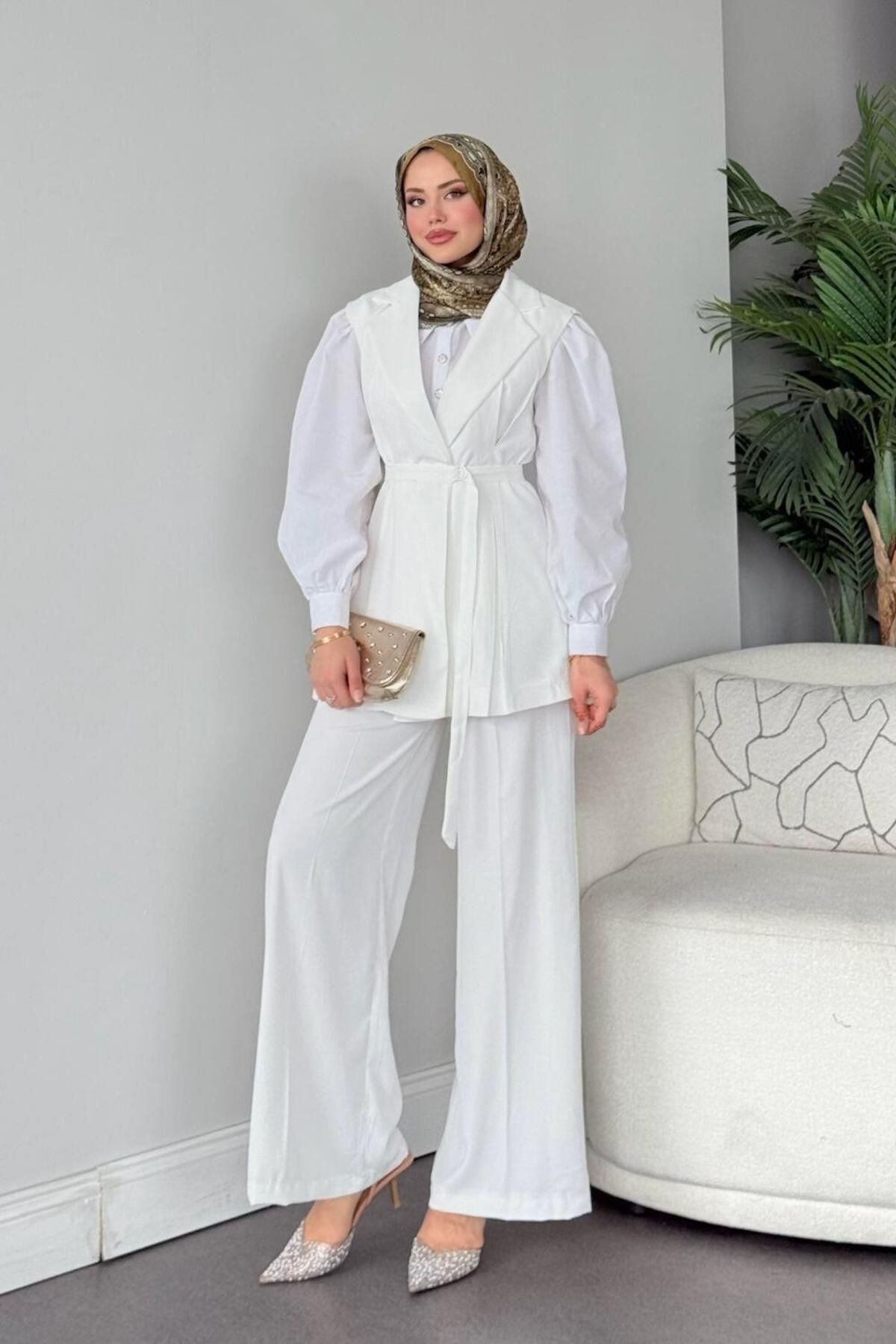 Şulemoda Giyim Ruha Yelekli Takım Beyaz