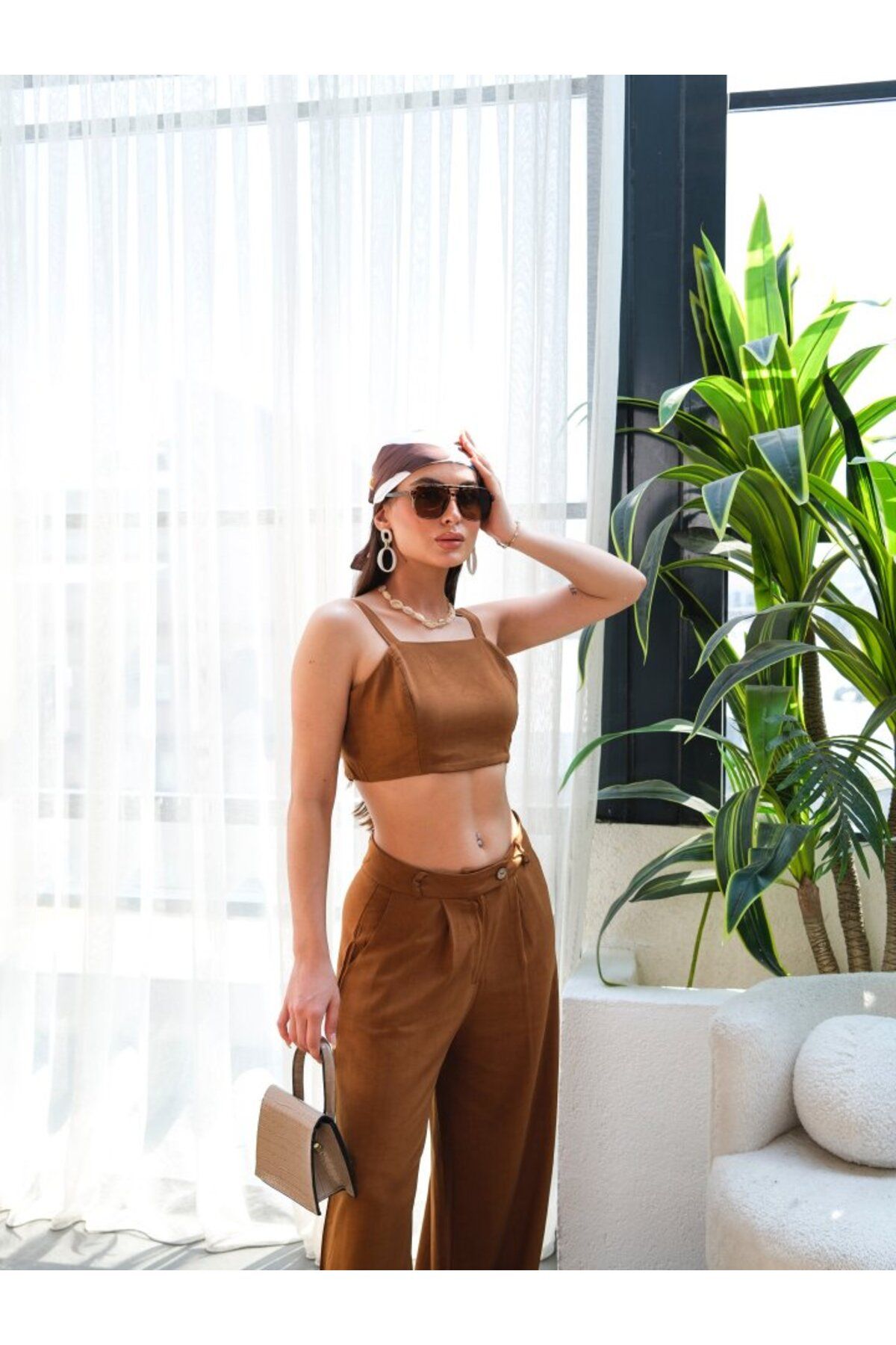 modaserdem-Linen Gimped Crop and Trousers Double Set 3