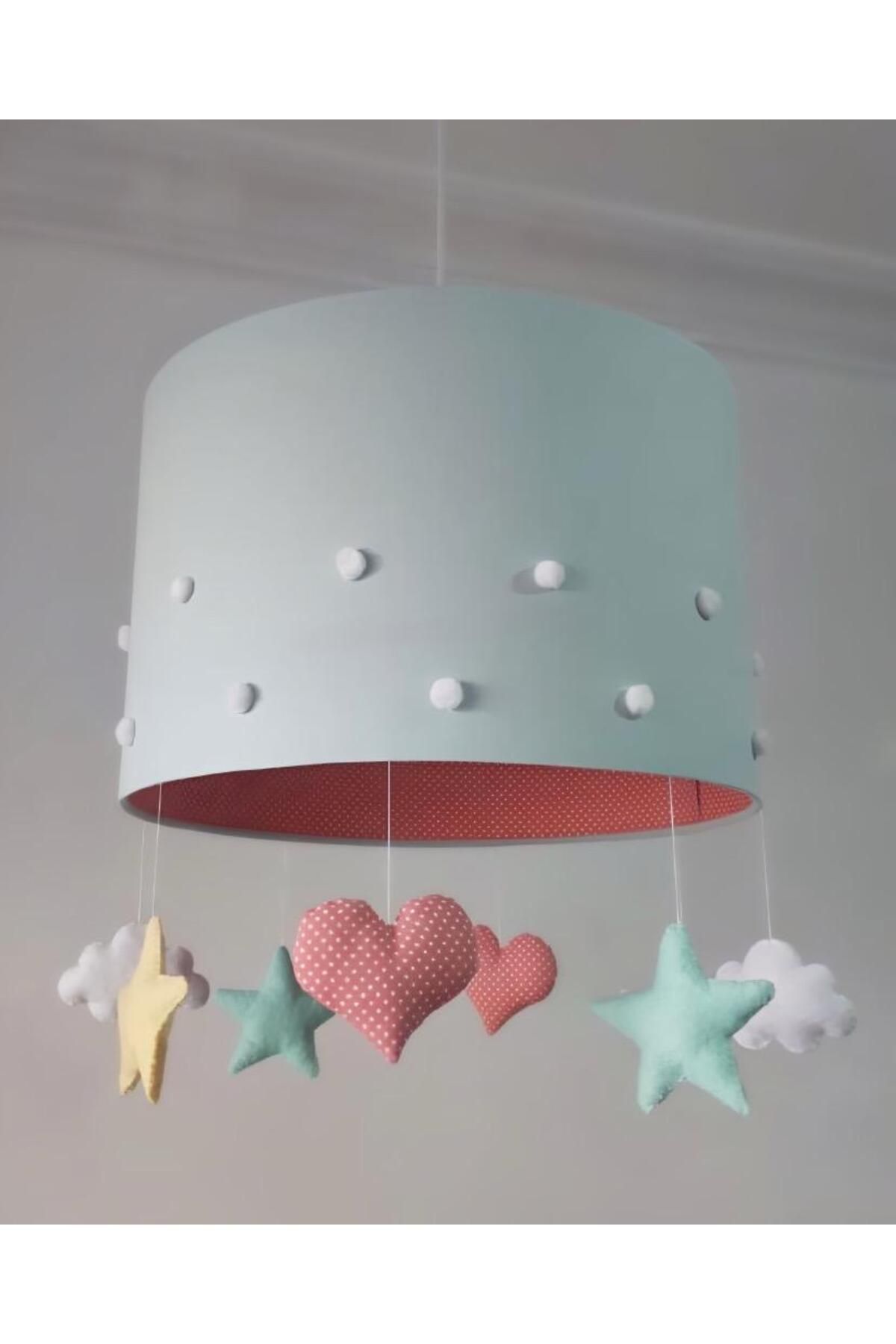 Leobabyroom Mint Renk Beyaz Ponpon ve Puantiye Detaylı Kalp Yıldız Bulut Figürlü Bebek Çocuk Odası Aydınlatma