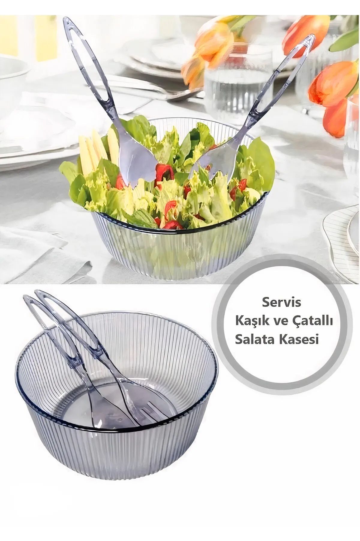 Shop58 Akrilik, Yuvarlak, Servis Kaşığı ve Çatallı Salata Kasesi Servis Sunum Tabağı 23 cm