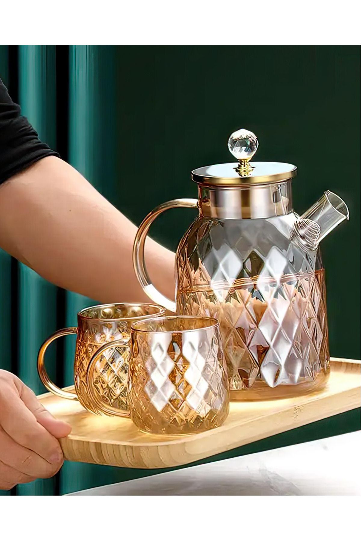 Shop58 Kabartmalı Bambu Kapaklı Borosilikat Cam Demlik 1500ml Royaleks-CM-2005