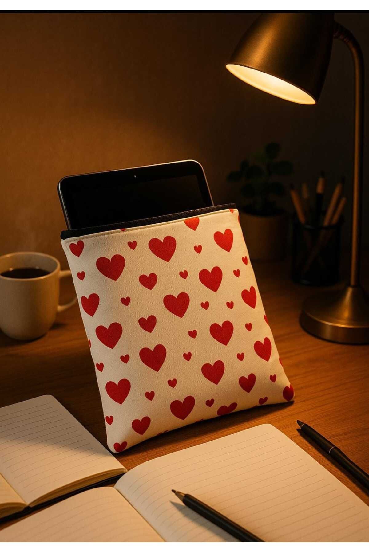 vippazar Tablet-kitap kılıfı kalpli desen pamuklu kumaş fermuarlı
