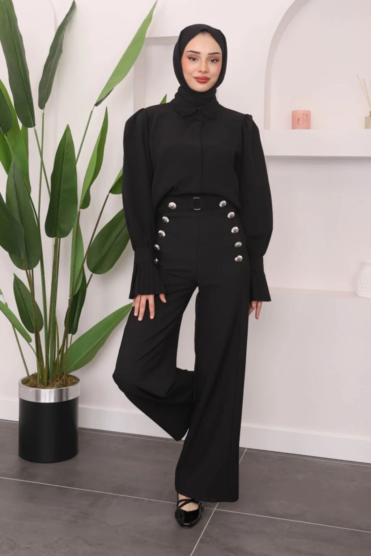 DHDmoda Düğmeli Dar Kalıp Siyah Pantolon