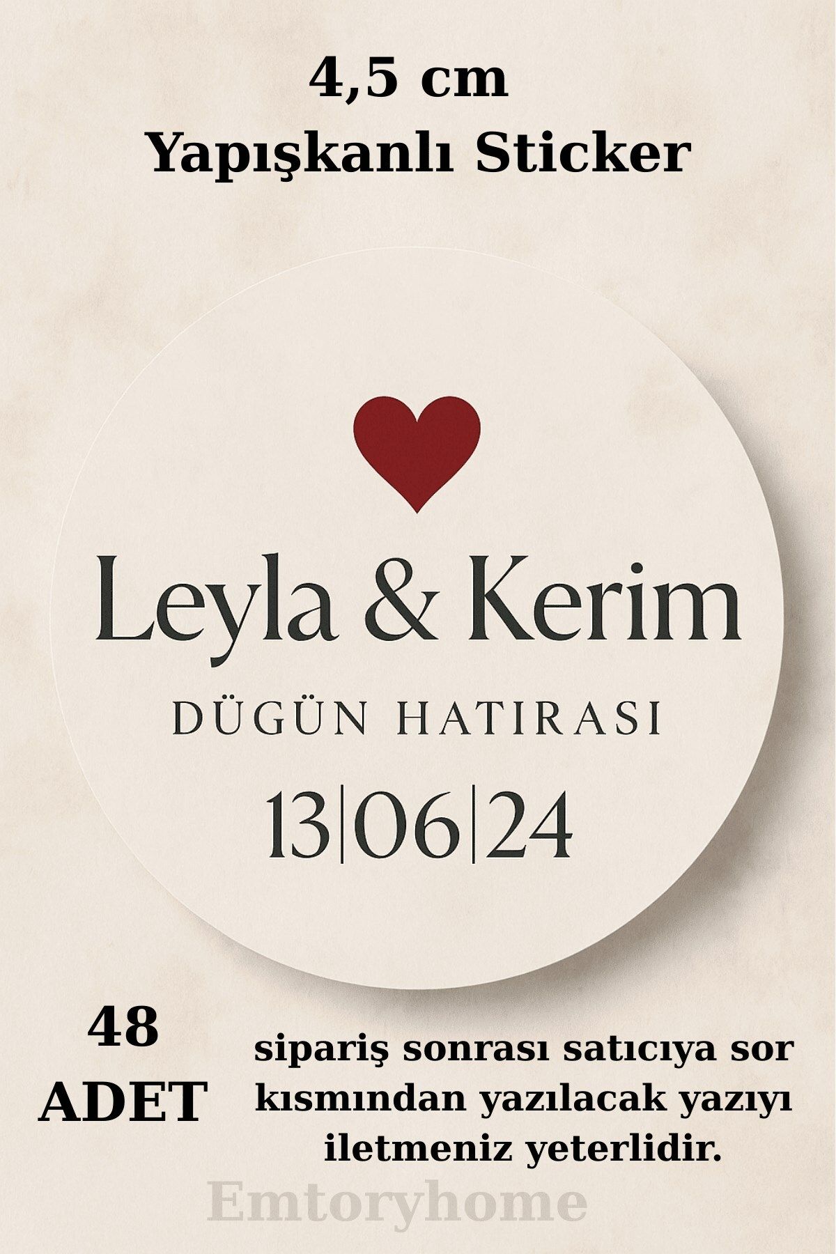 Emtory Home 48 Adet Yuvarlak Kişiye Özel Yapışkanlı Sticker - Kına Hediyesi - Nişan Hediyesi - 1.Hamur Mat