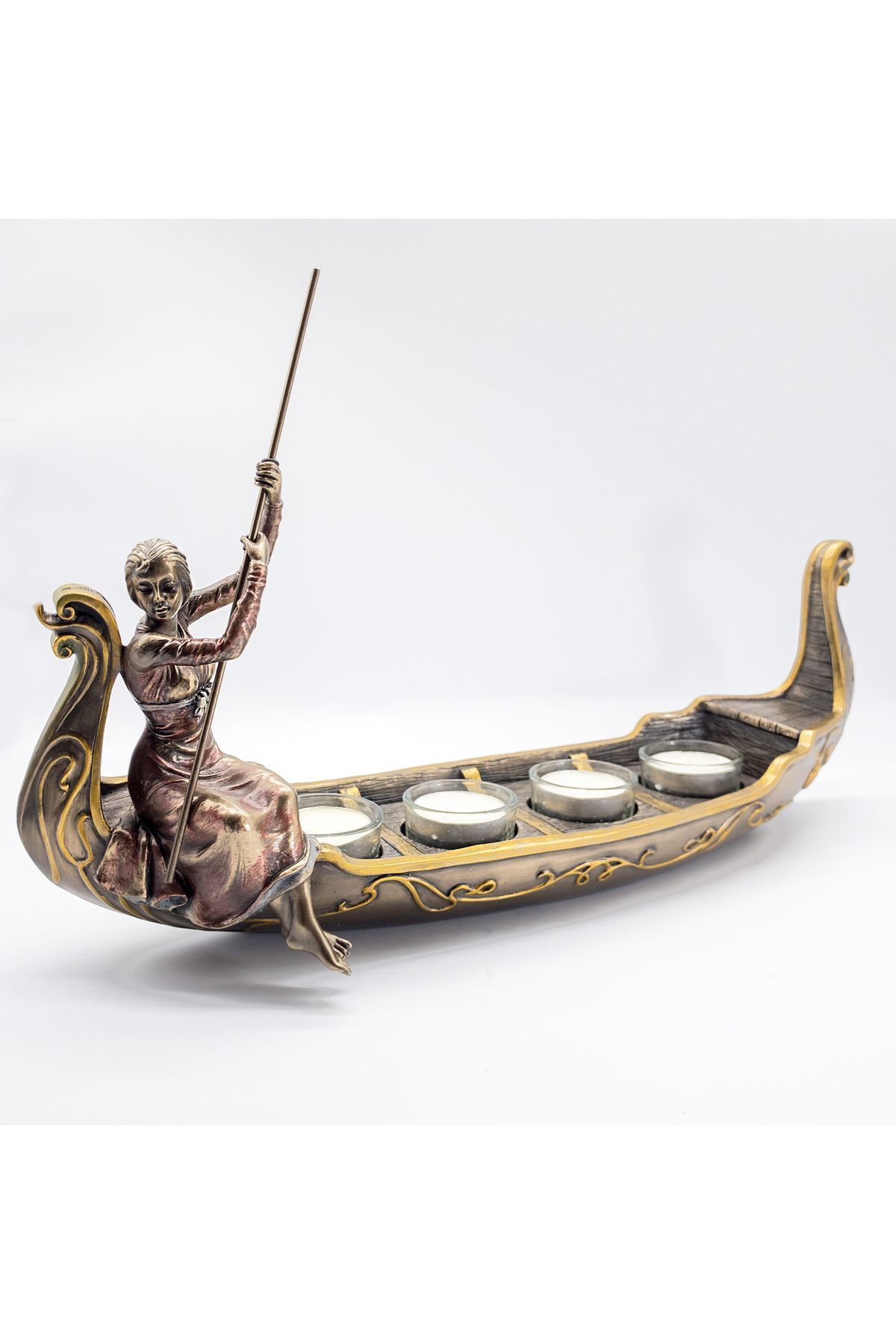 teknotrust Veronese Art Nouveau Kadın Figürlü Kayık Mumluk, Bronz El Boyaması, Dekoratif Mumluk 40,5x13x20 cm