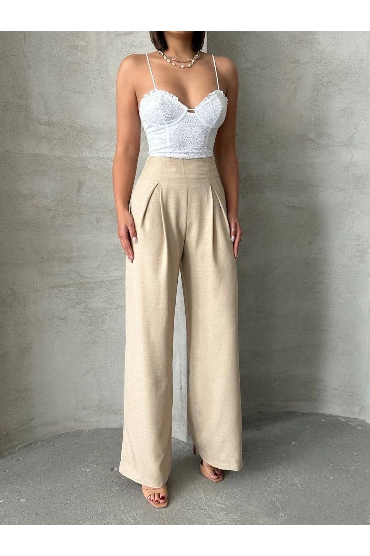 meSga butik Pileli keten pantolon s255046