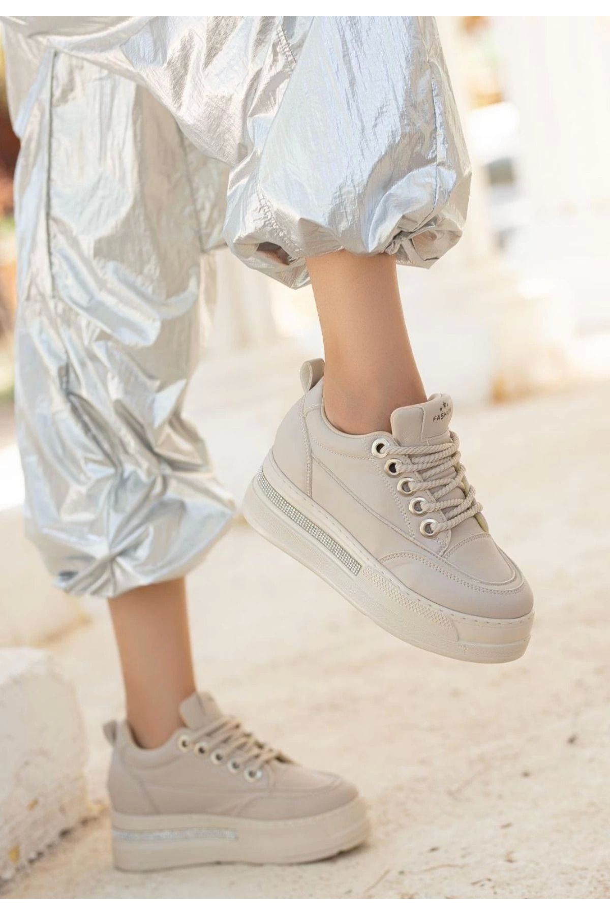 Shop58 Lulu Bej Cilt Bağcıklı Spor Ayakkabı