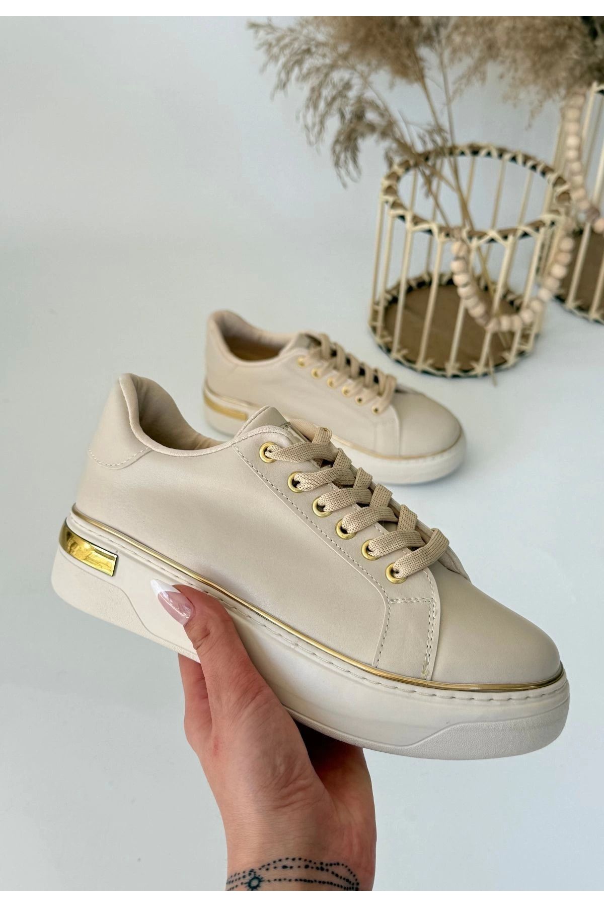 Shop58 Kity Bej Cilt Bağcıklı Spor Ayakkabı