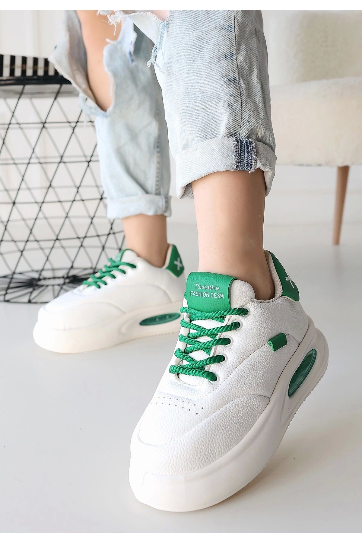Shop58 Chris Beyaz Cilt Yeşil Detaylı Bağcıklı Spor Ayakkabı