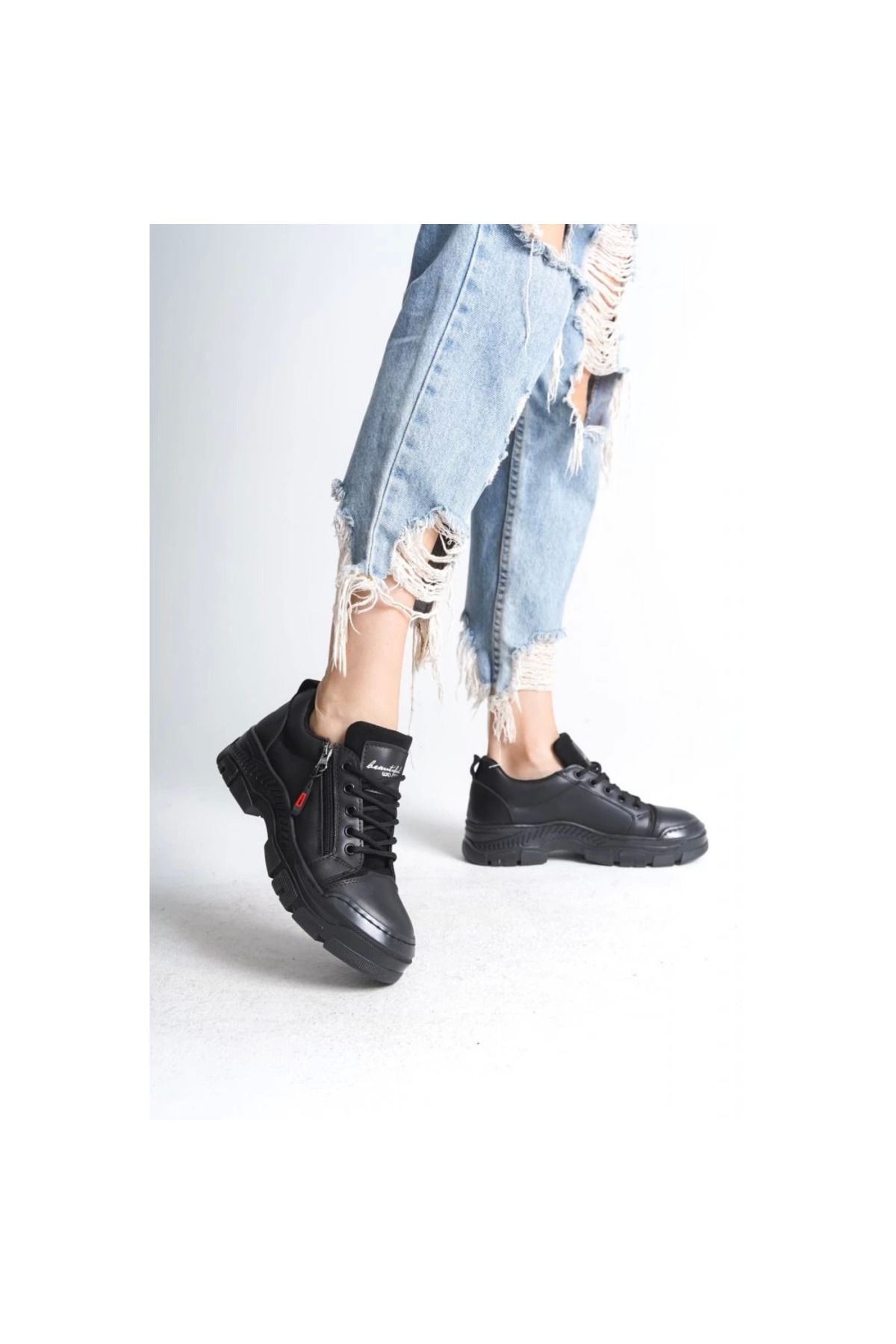 Shop58 Elwa Siyah Cilt Bağcıklı Spor Ayakkabı