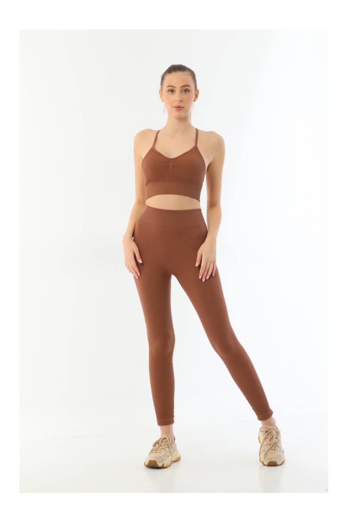 kapsulavm KAHVE MI Emay 3921 Soft Seamless Ripli Tayt Yoga Takımı