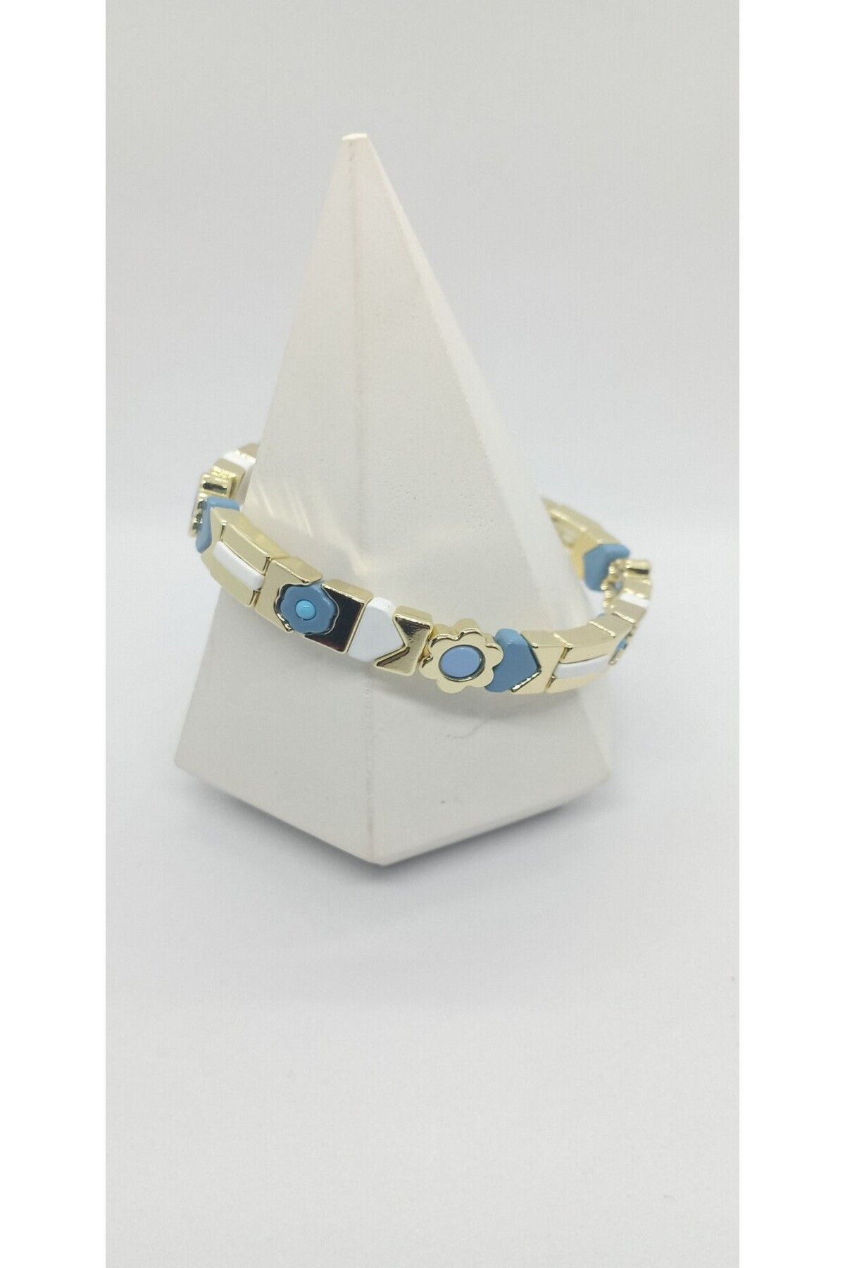 ndjewelry Gold Plakalı Mavi-Beyaz Çiçek Desen Lastik Bileklik