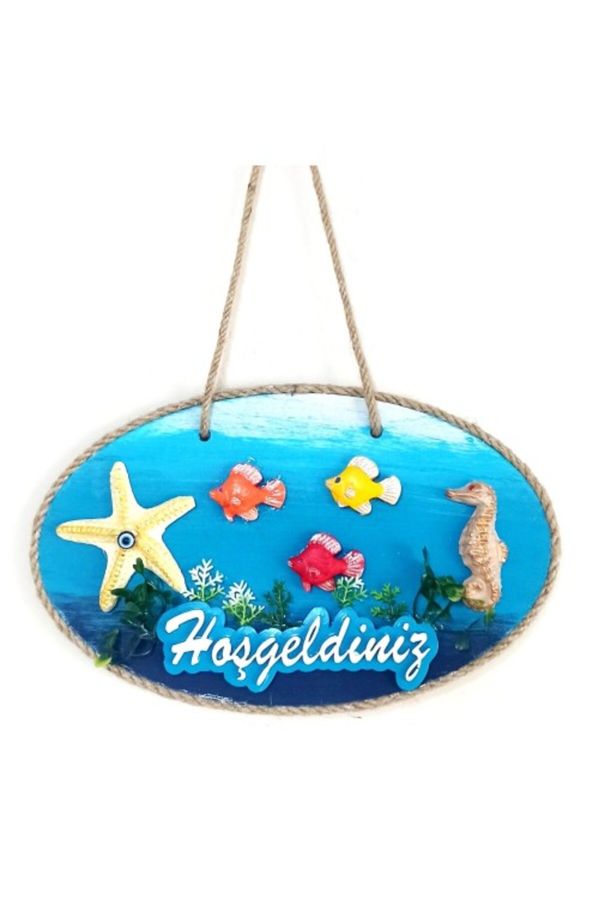 Shop58 Balıklı, Deniz Atlı Ve Deniz Yıldızlı El Boyaması Hoşgeldiniz Kapı Süsü
