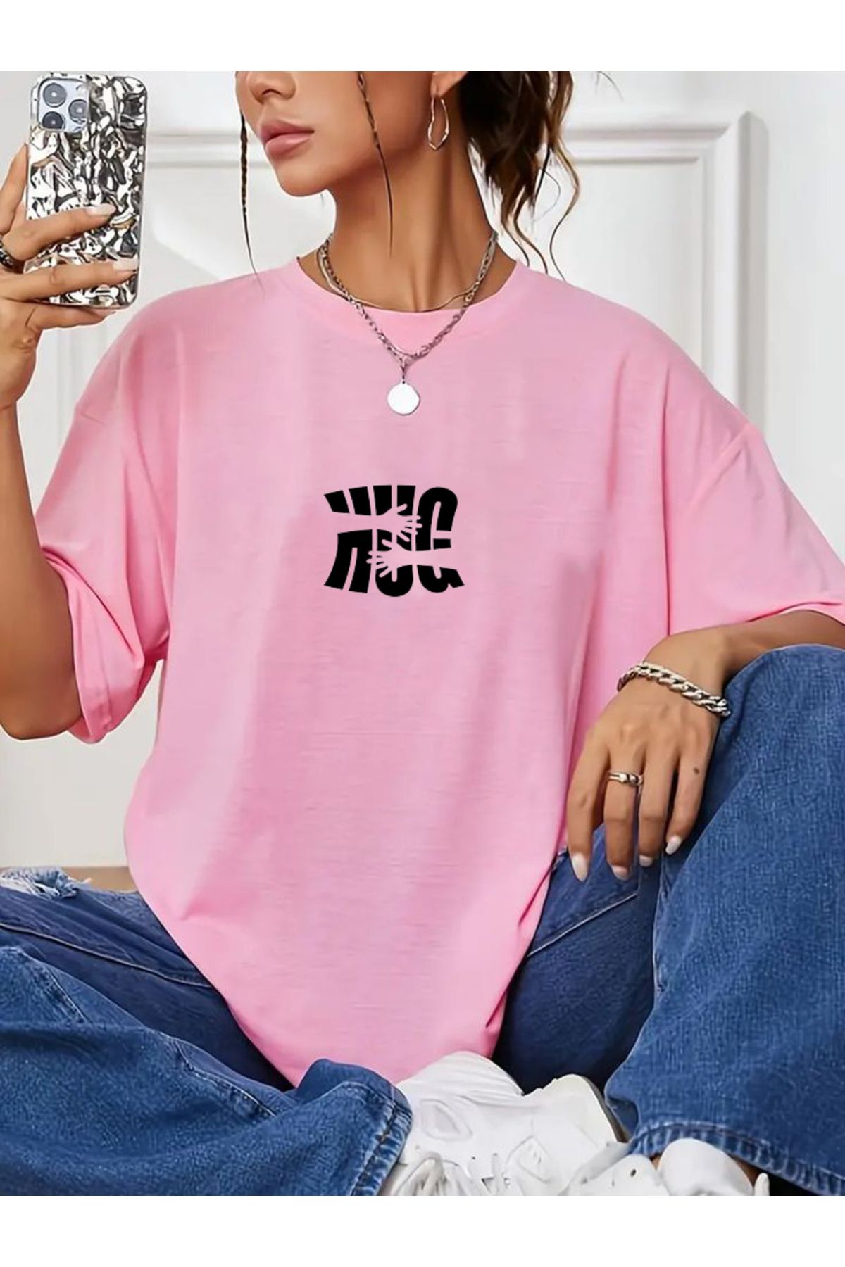 SEL WEAR kadın yazlık pamuklu kumaş (HUG) baskılı oversize t-shirt