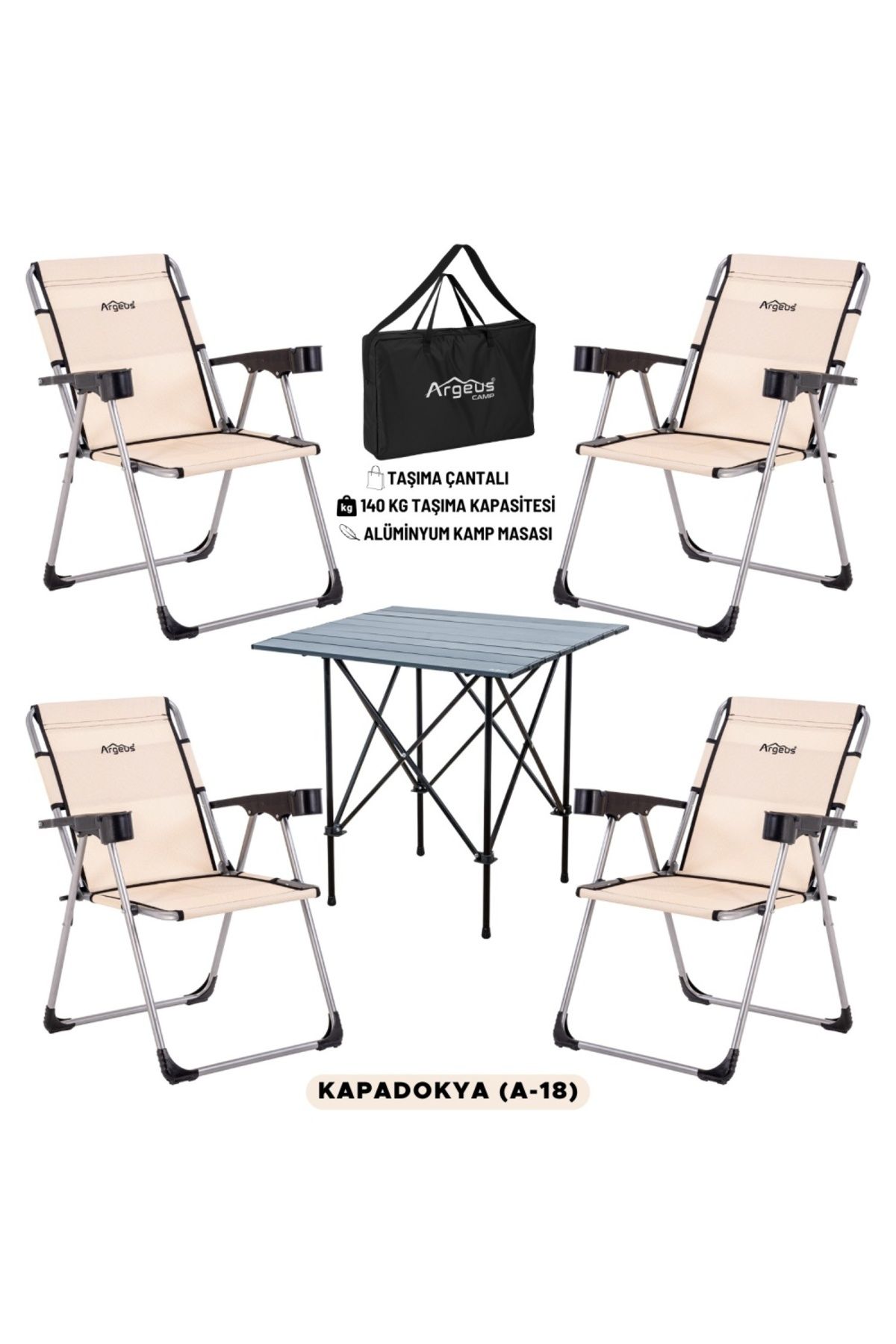 AtikCamp 4 Adet Katlanır Kamp Sandalyesi ve Alüminyum Masa Seti - Rock Dark - Kapadokya - Taşıma Çantalı
