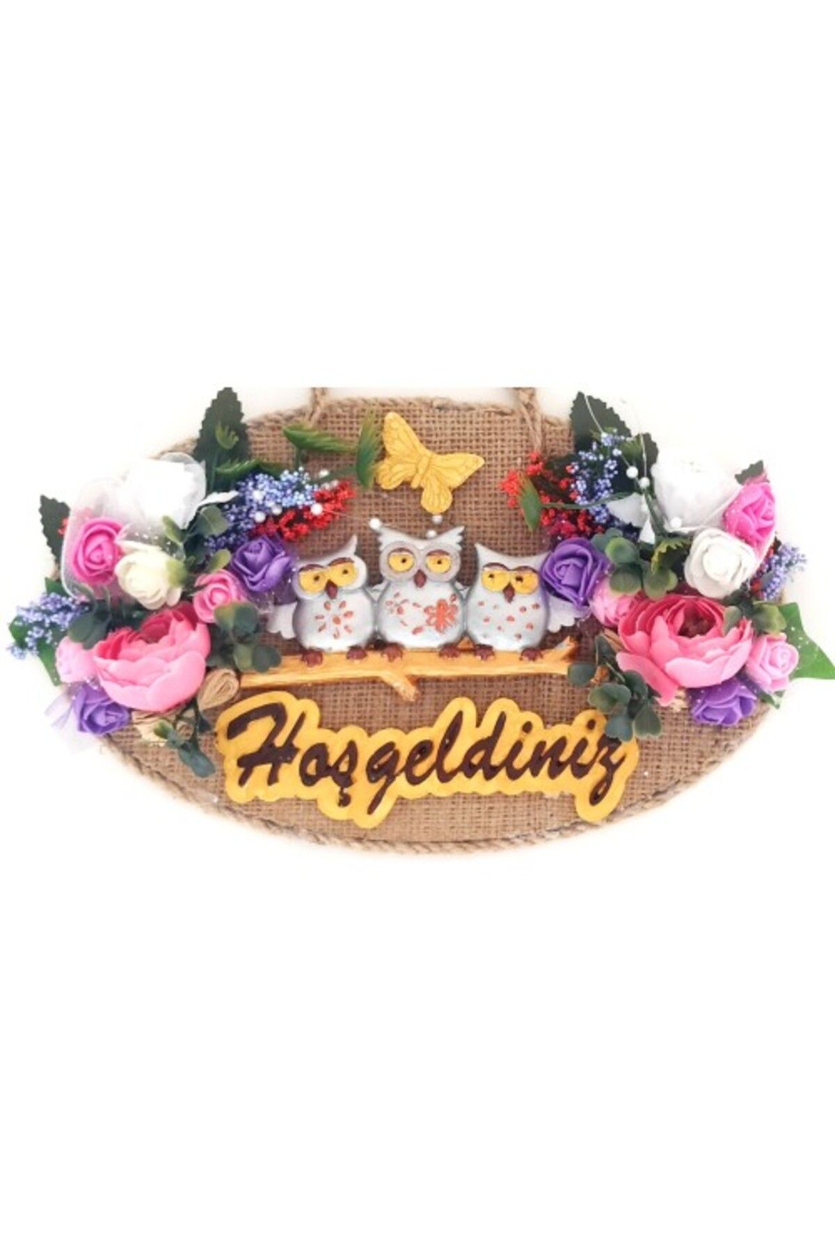 Shop58 Baykuş Ailesi Hoşgeldiniz Yazılı Çiçekli El Yapımı Kapı Süsü