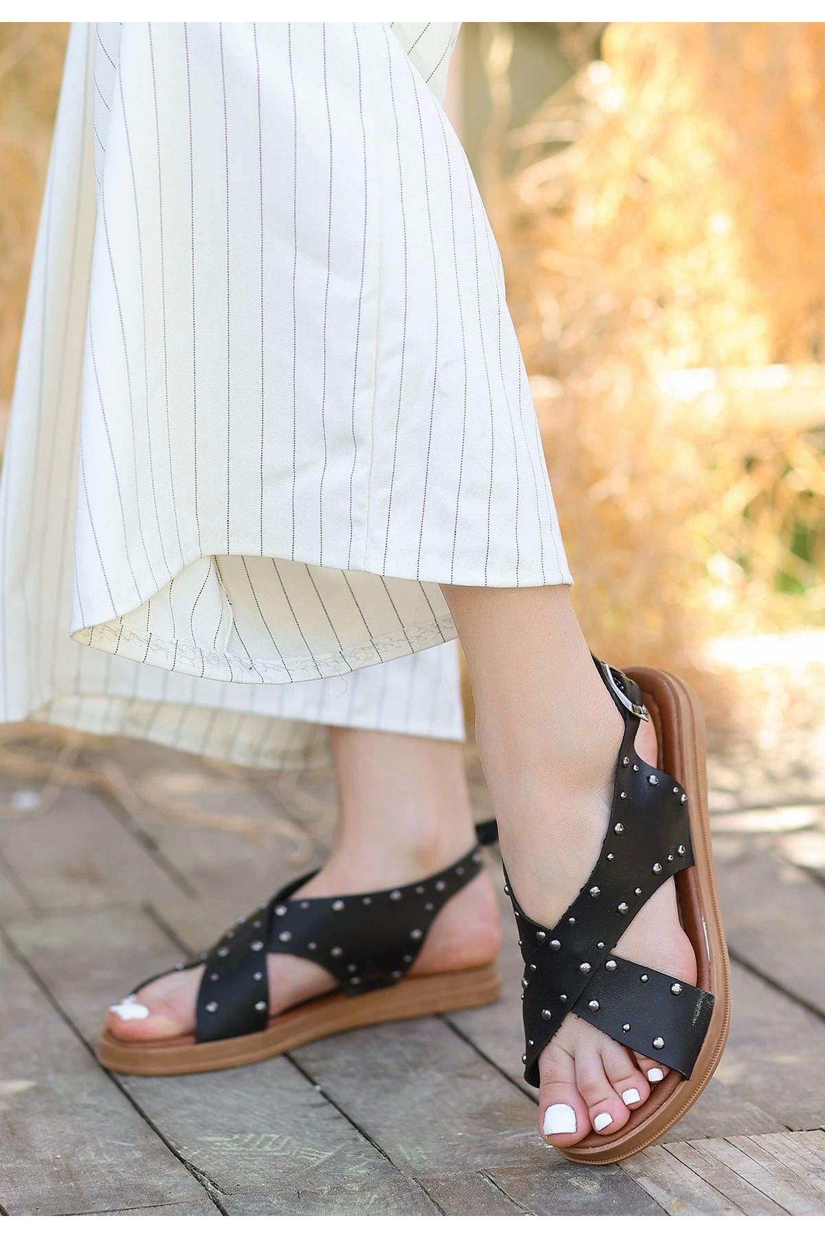 Shop58 Lilan Siyah Deri Sandalet