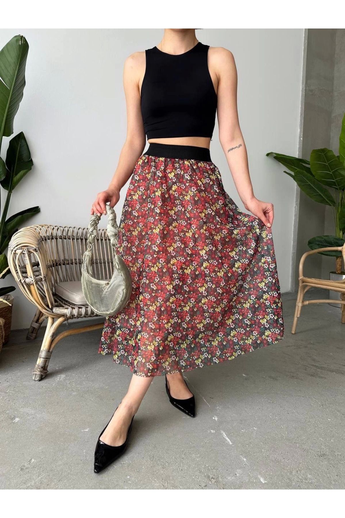 Shop58 Baskılı astarlı uzun etek