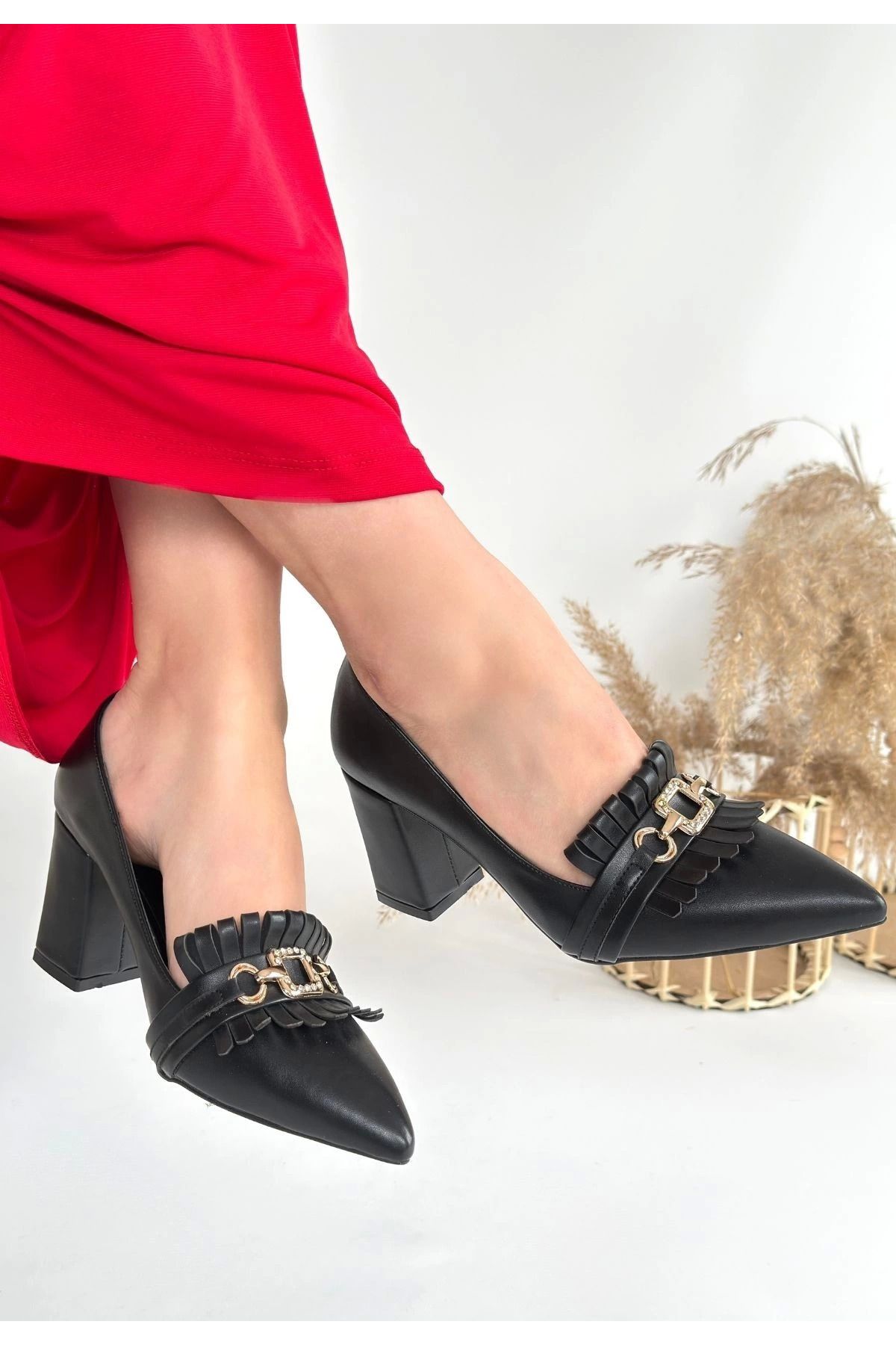 Shop58 Farye Siyah Cilt Topuklu Ayakkabı
