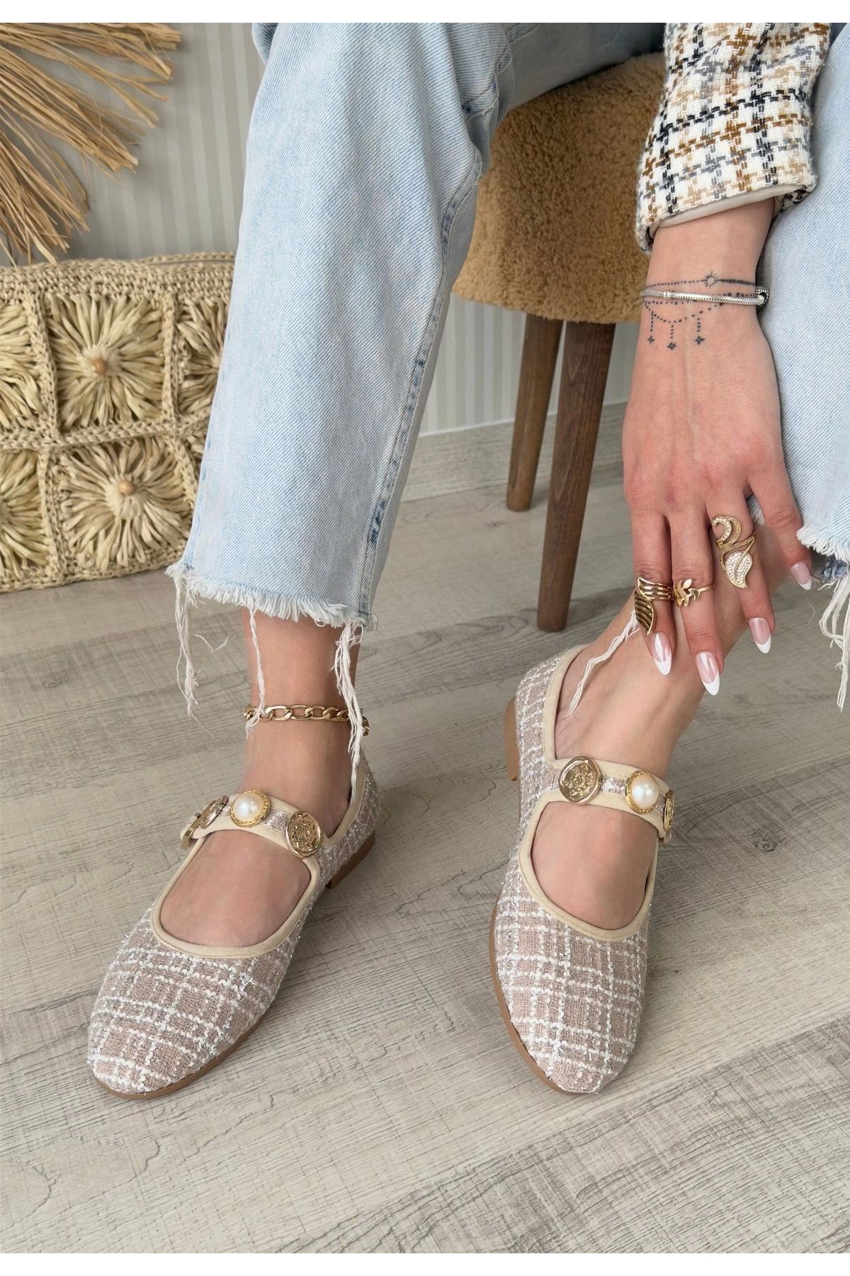 Shop58 Hante Bej Keten Taşlı Babet Ayakkabı