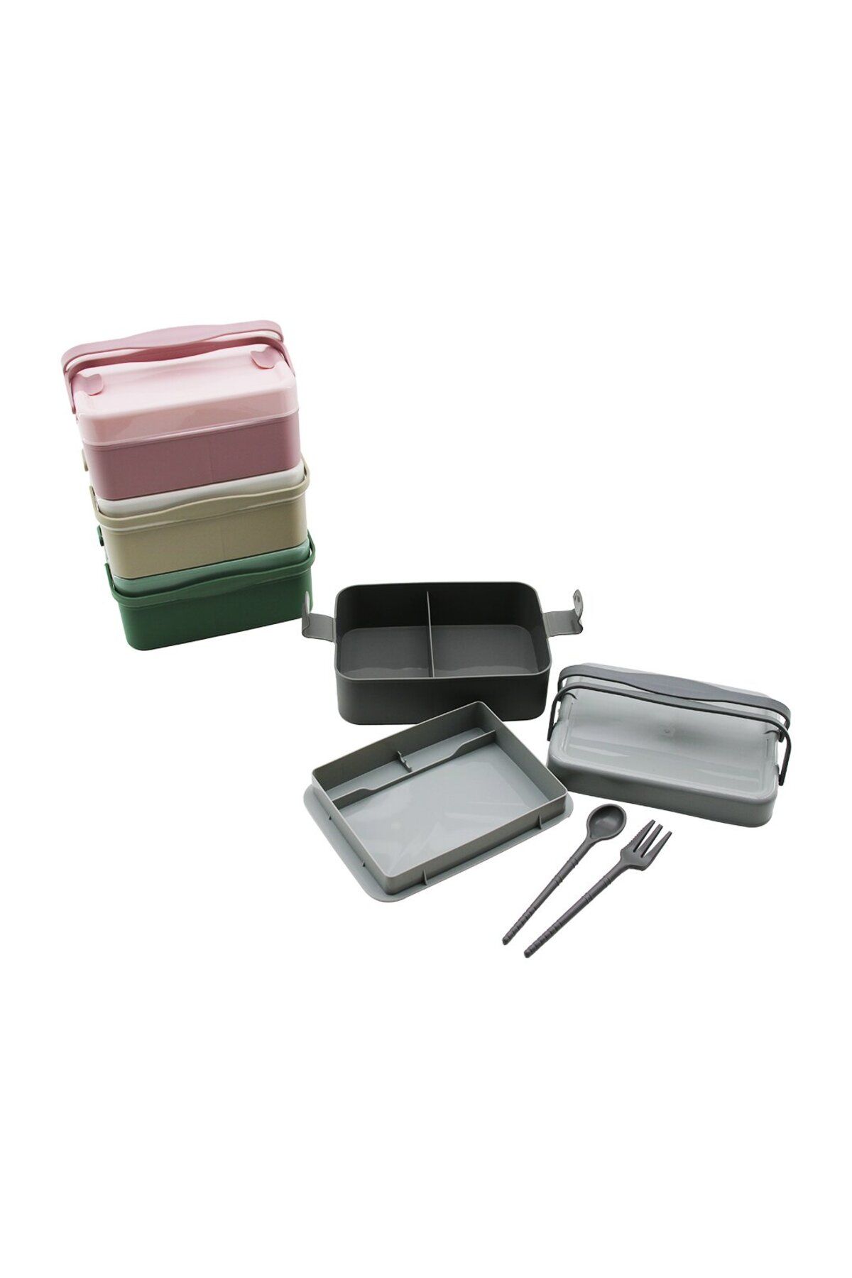 Shop58 BESLENME KUTUSU 2+1=3 BÖLMELİ - ÇATAL - KAŞIK - ÇİFTLİ TAŞIMA KULP RENKLİ PLASTİK (4172)
