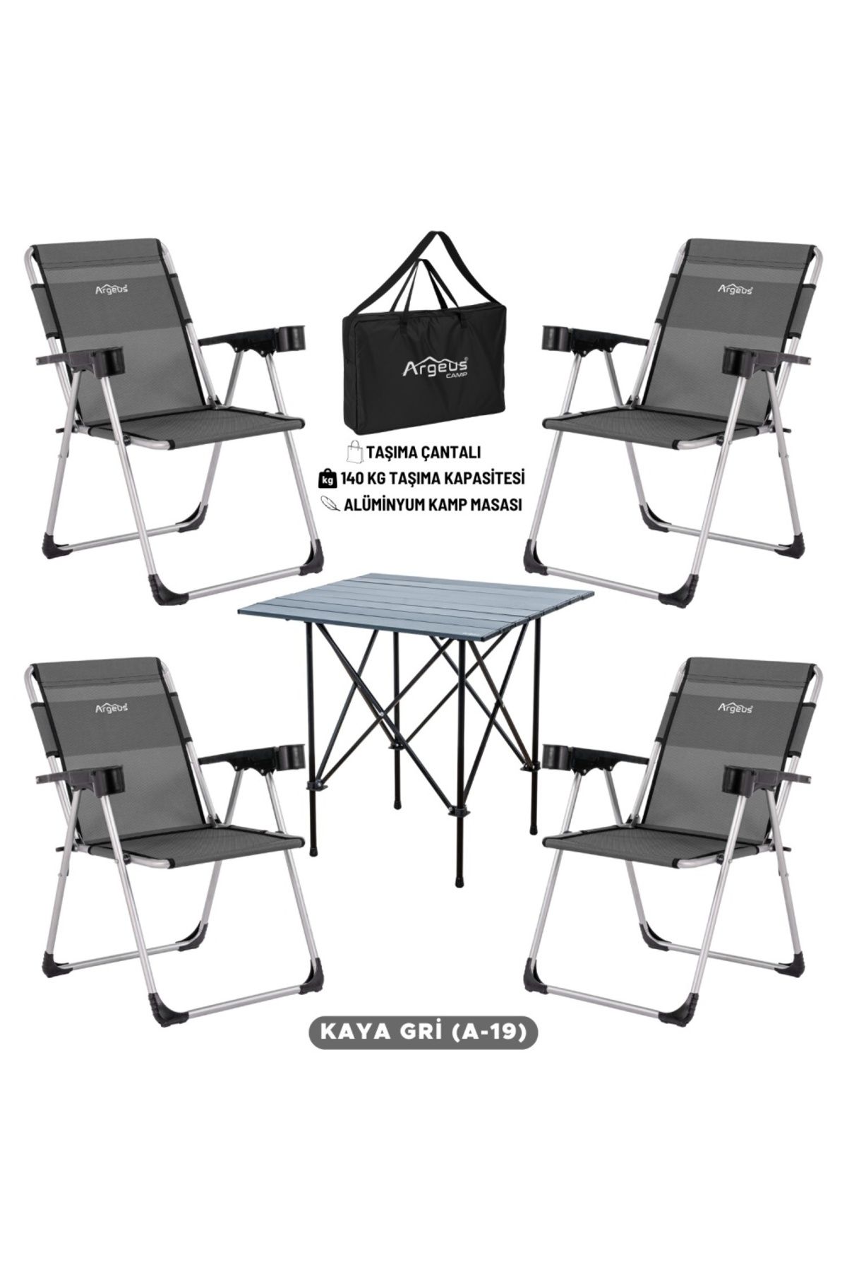 AtikCamp 4 Adet Katlanır Kamp Sandalyesi ve Alüminyum Masa Seti - Rock Dark - Kaya Gri - Taşıma Çantalı