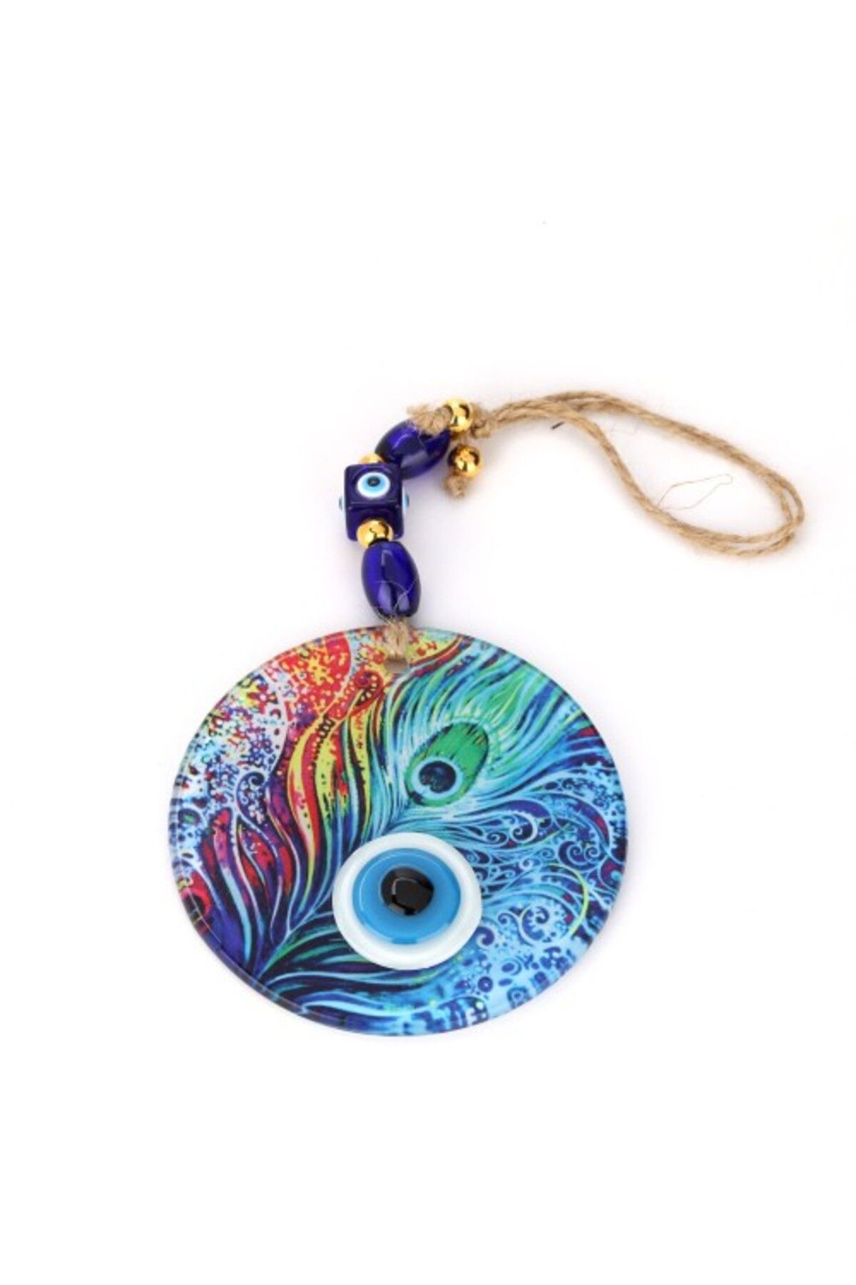 Shop58 Füzyon Cam Tavus Kuşu Tüyü Desenli 12 Cm Nazar Boncuklu El Yapımı Duvar Süsü Nazarlık