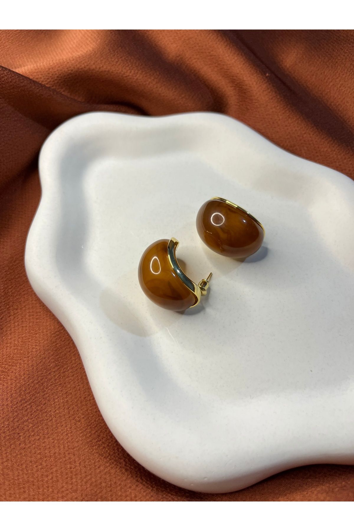 Fam&Co Jewelry Zarif Karamel Renkli Vintage Görünümlü Oval Küpe