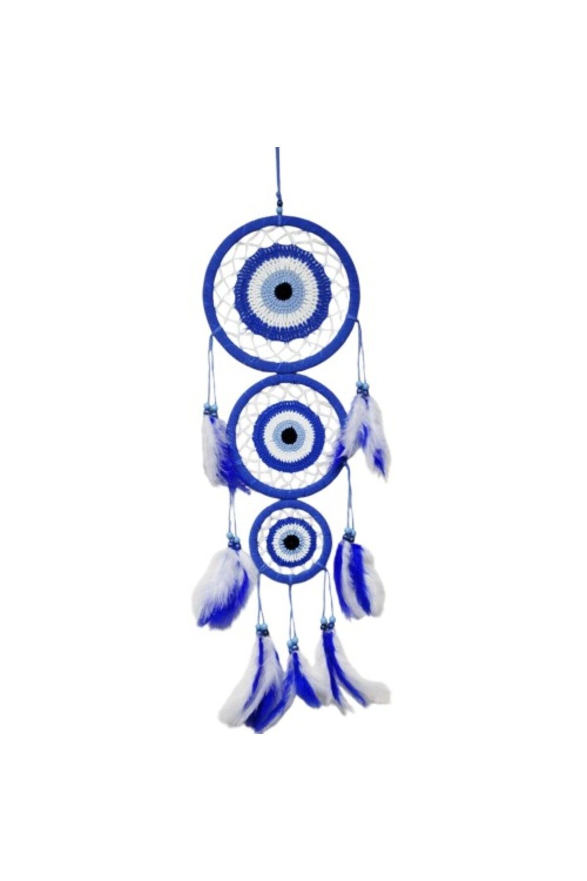 Shop58 Nazar Motifli Üç Çemberli Kuş Tüylü Mavi Duvar Süsü