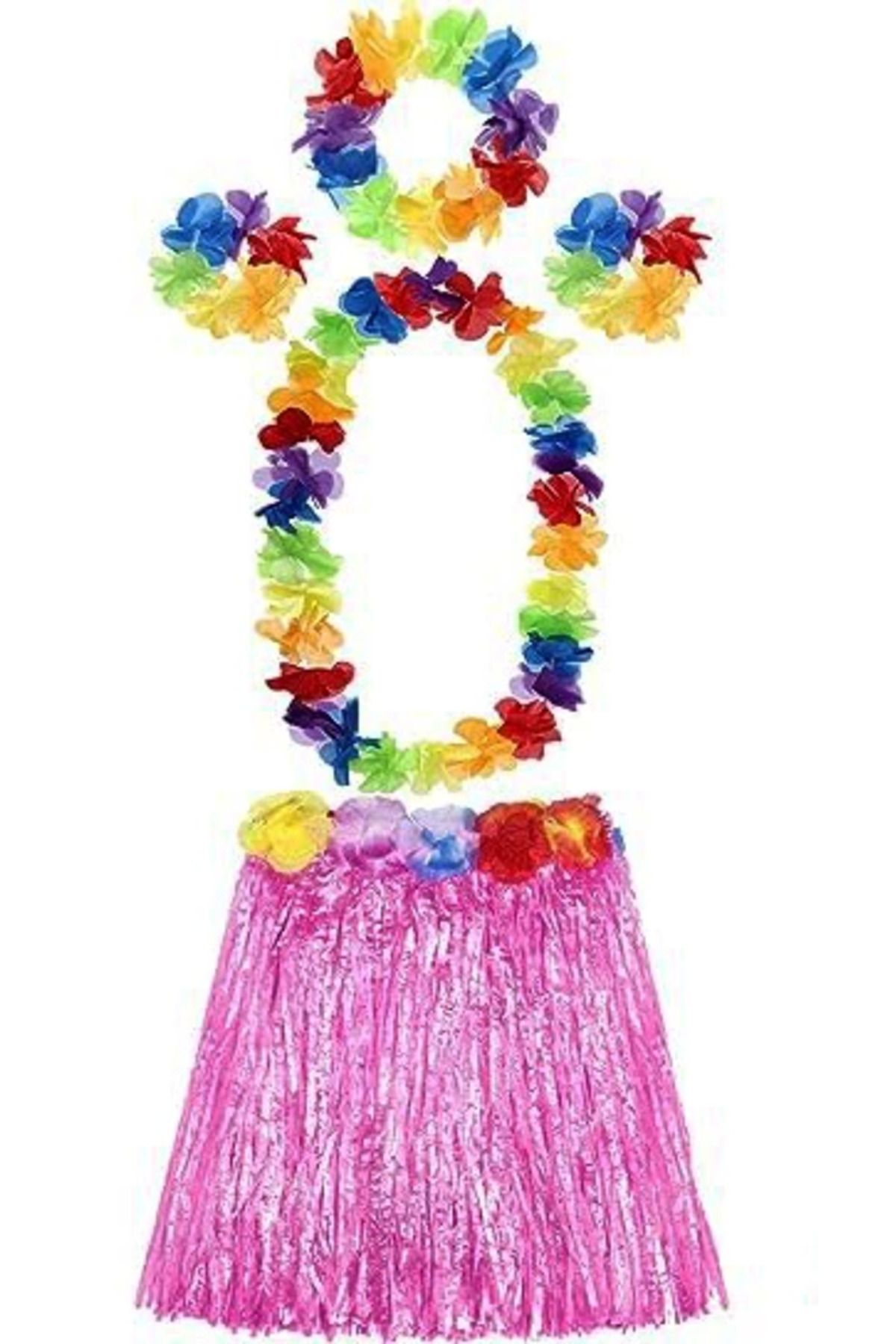 YNT İthalat Yetişkin Ve Çocuk Uyumlu Luau Aloha Hawaii Pembe Etek Ve Renkli Kolye Taç 2 Adet Bileklik Seti