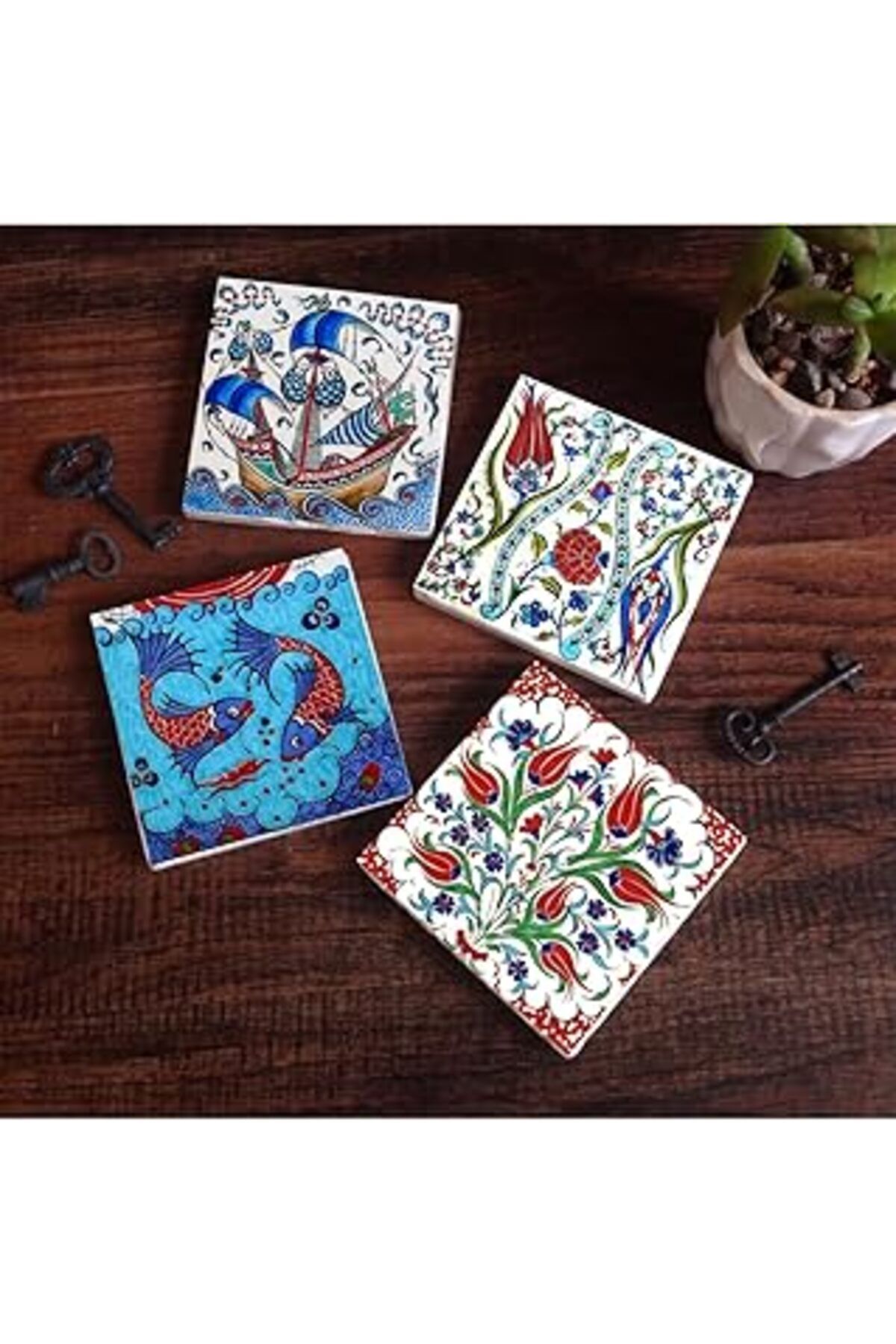 Mu Art Pinecone Çini Sanatı Lale, Balık, Yelkenli Gemi Taş Bardak Altlığı Seti - 4 Parça - Dekoratif, Rust