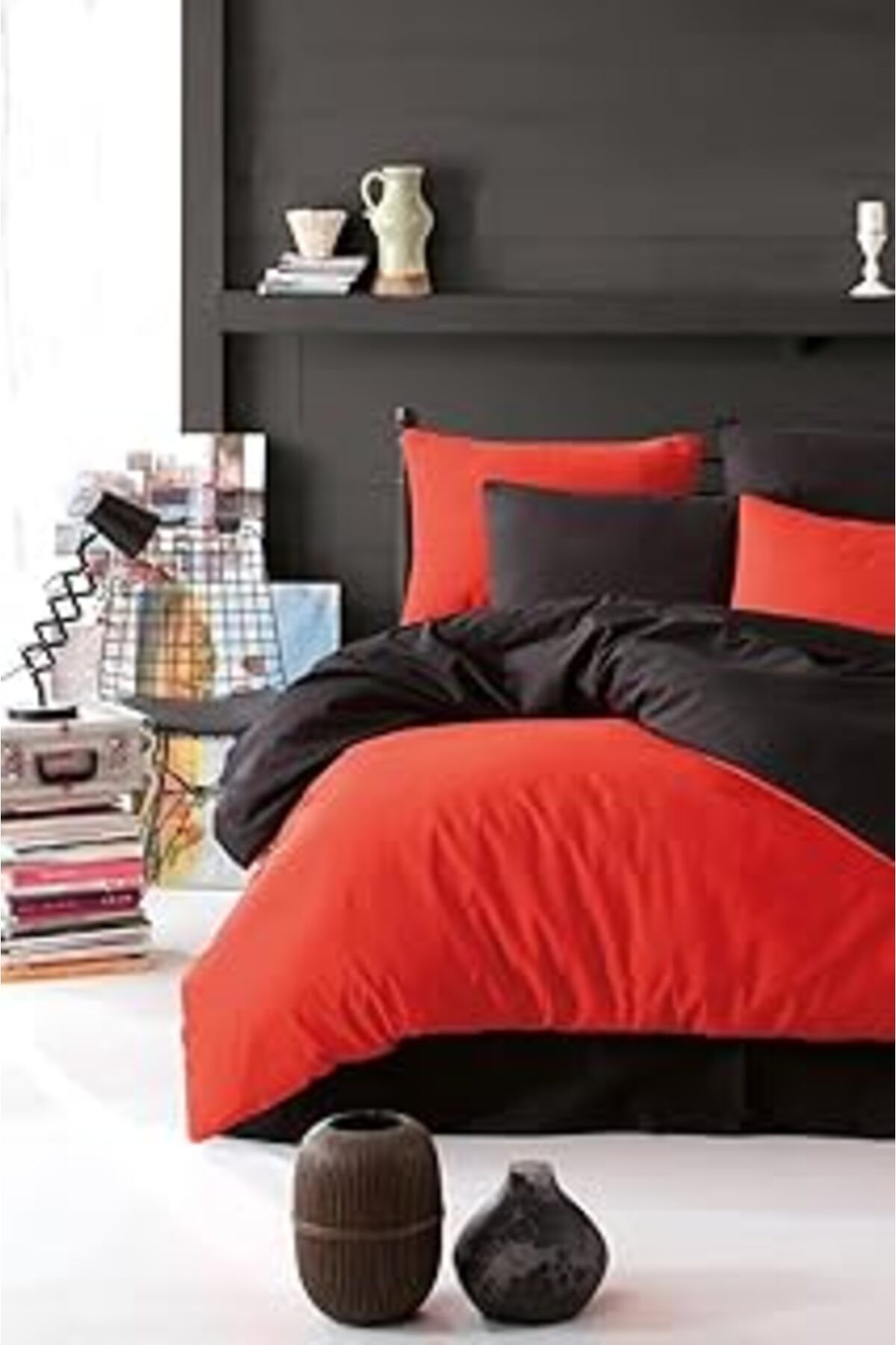 NZM TİCARET Mulberry Nevresim Takımı Çarşafı Lastikli Çift Taraflı Çift Kişilik 200X220 -Siyah Kırmızı