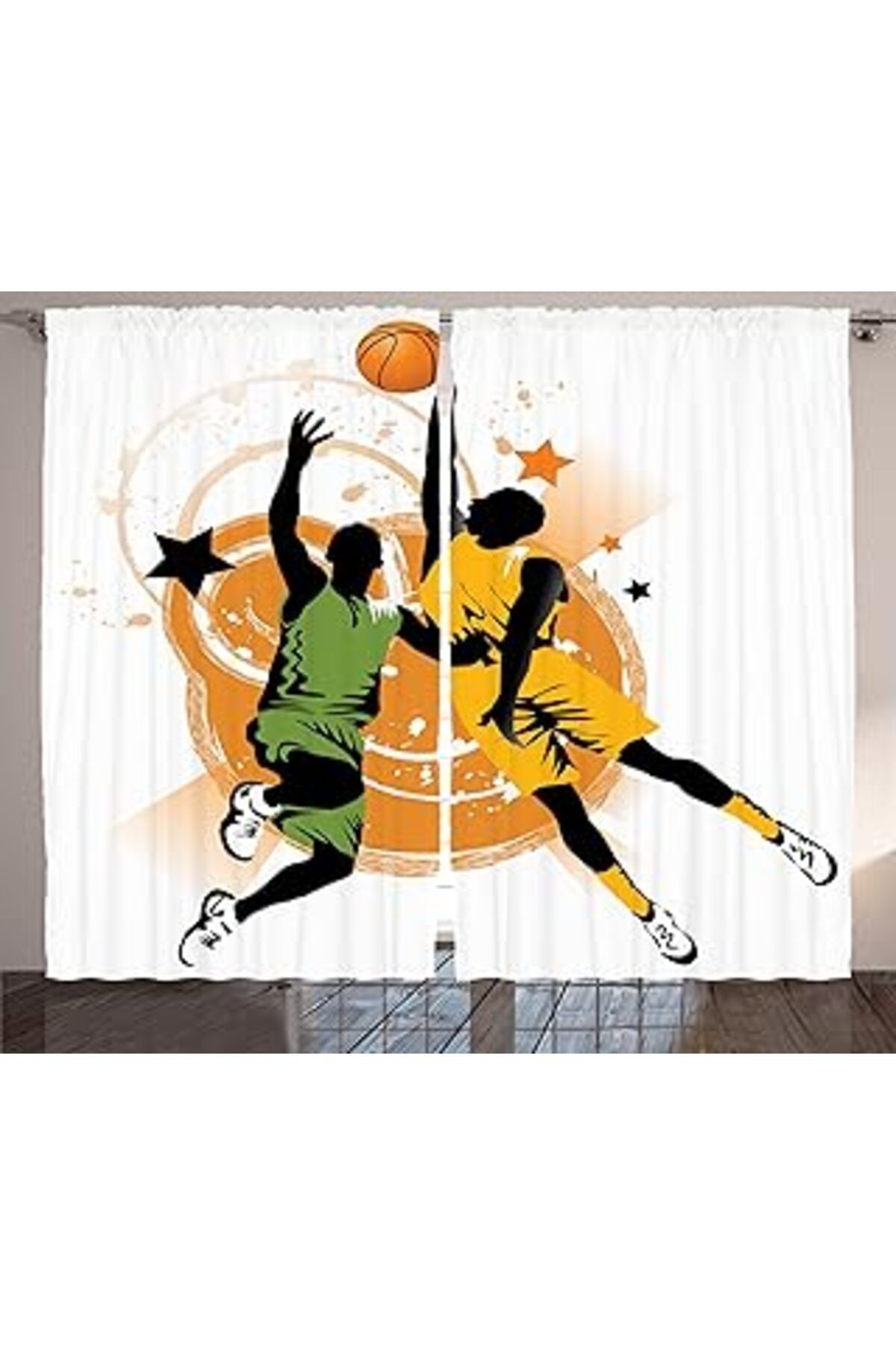 Pazarcan Orange Venue Çift Kanatlı Fon Perde, Çocuklar Için, Kumaş, Basketbolcu Desenli, 145 X 270 Cm