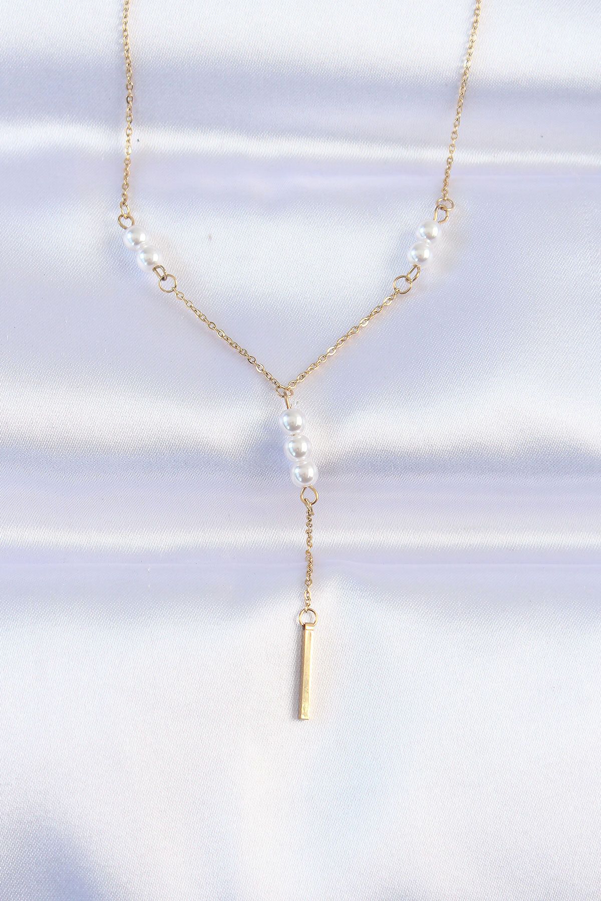 MMB Boutique 316L Çelik Zincir Gold Renk Minimal İnci Taşlı Sallantılı Kolye