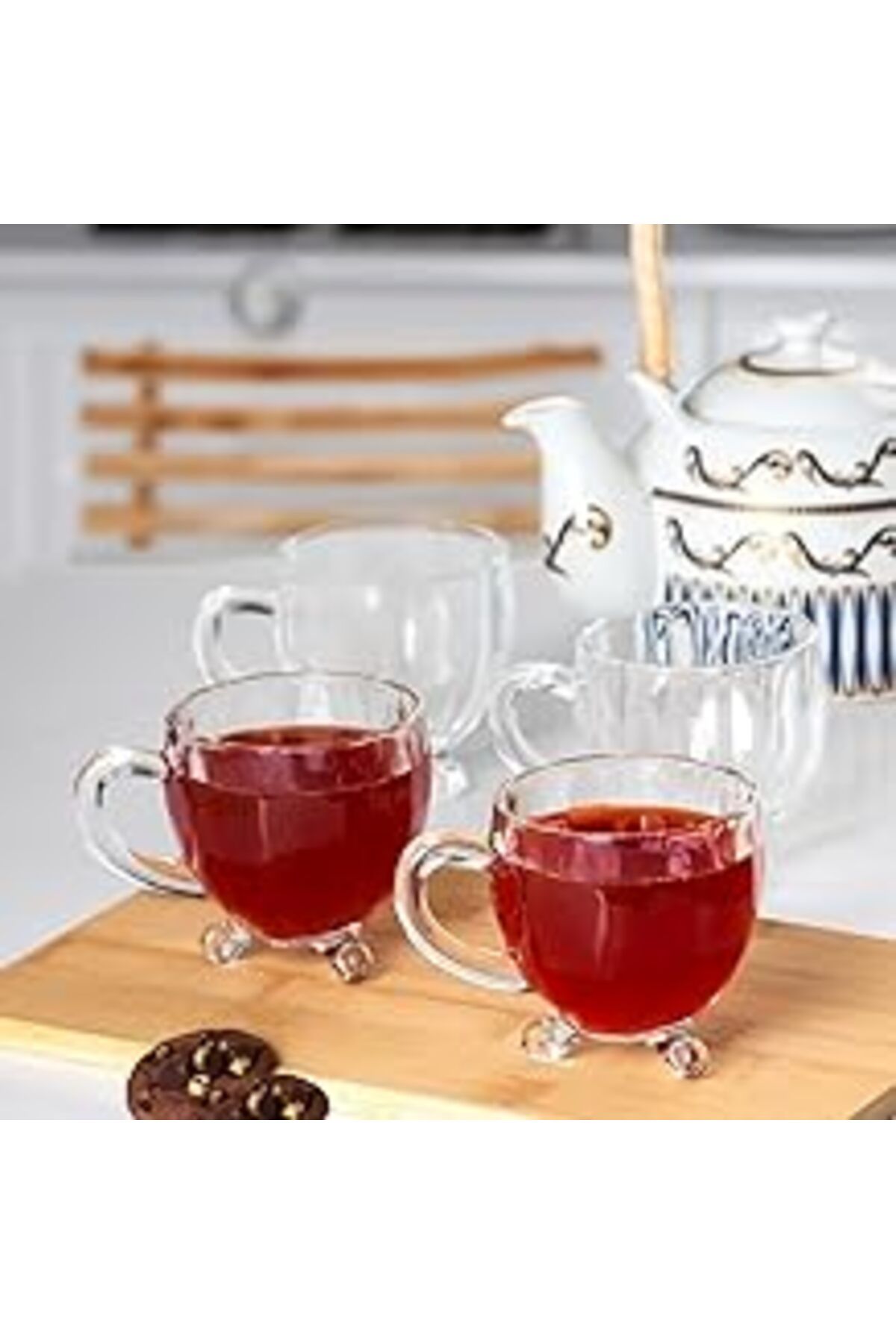 Mu Art Porsima 15719 Ayaklı Kulplu Desenli 4'Lü Cam Bardak - Kulplu Çay Kahve Bardağı - 200 Cc