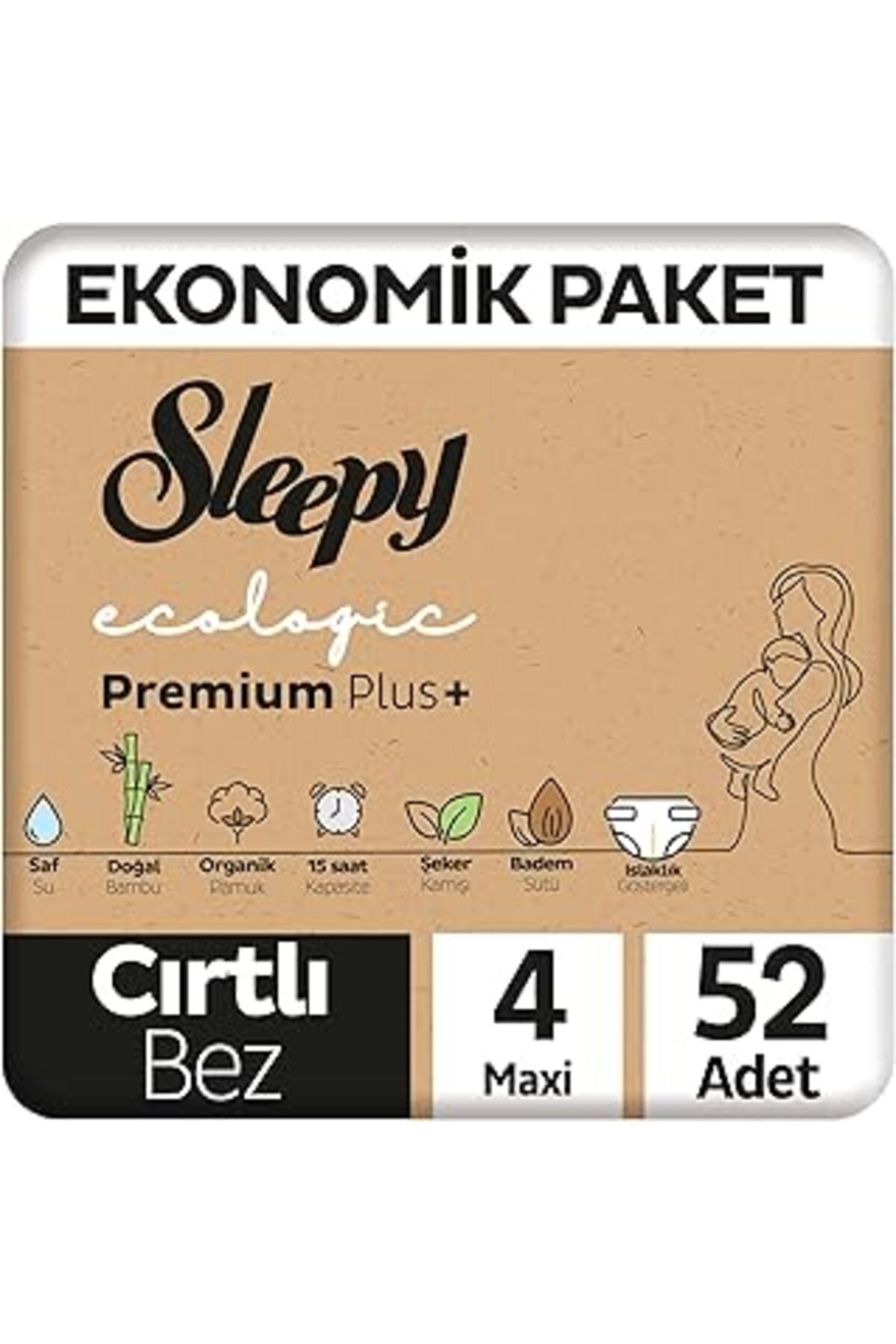 Mu Art Ahşap Sleepy Ecologic Premium Plus Bebek Bezi 4 Numara Maxi 52 Adet