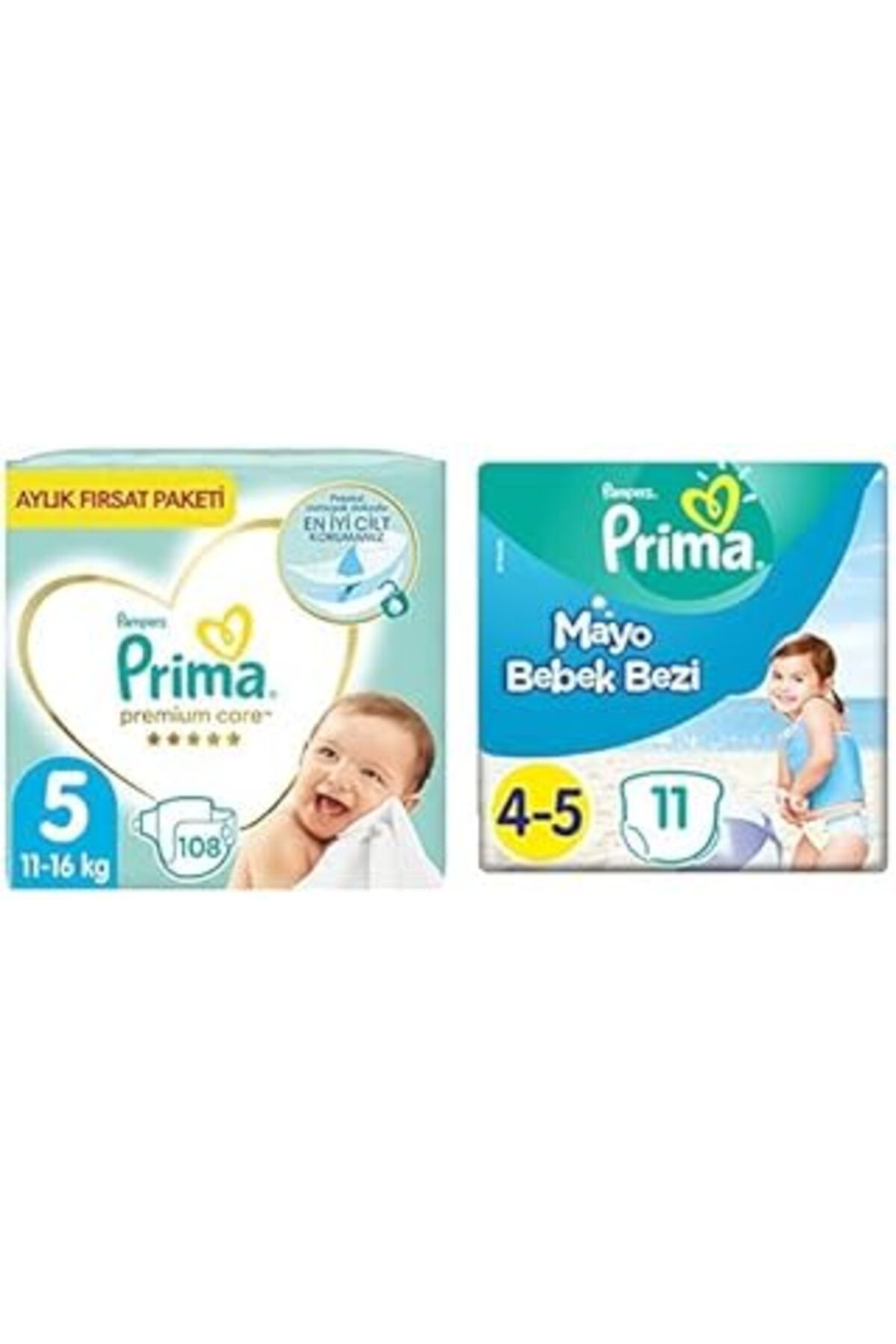 NZM TİCARET Bebek Bezi Premium Care 5 Beden 108 Adet Junior Aylık Fırsat Paketi & Mayo Bebek Bezi 4 Beden 11 Ad