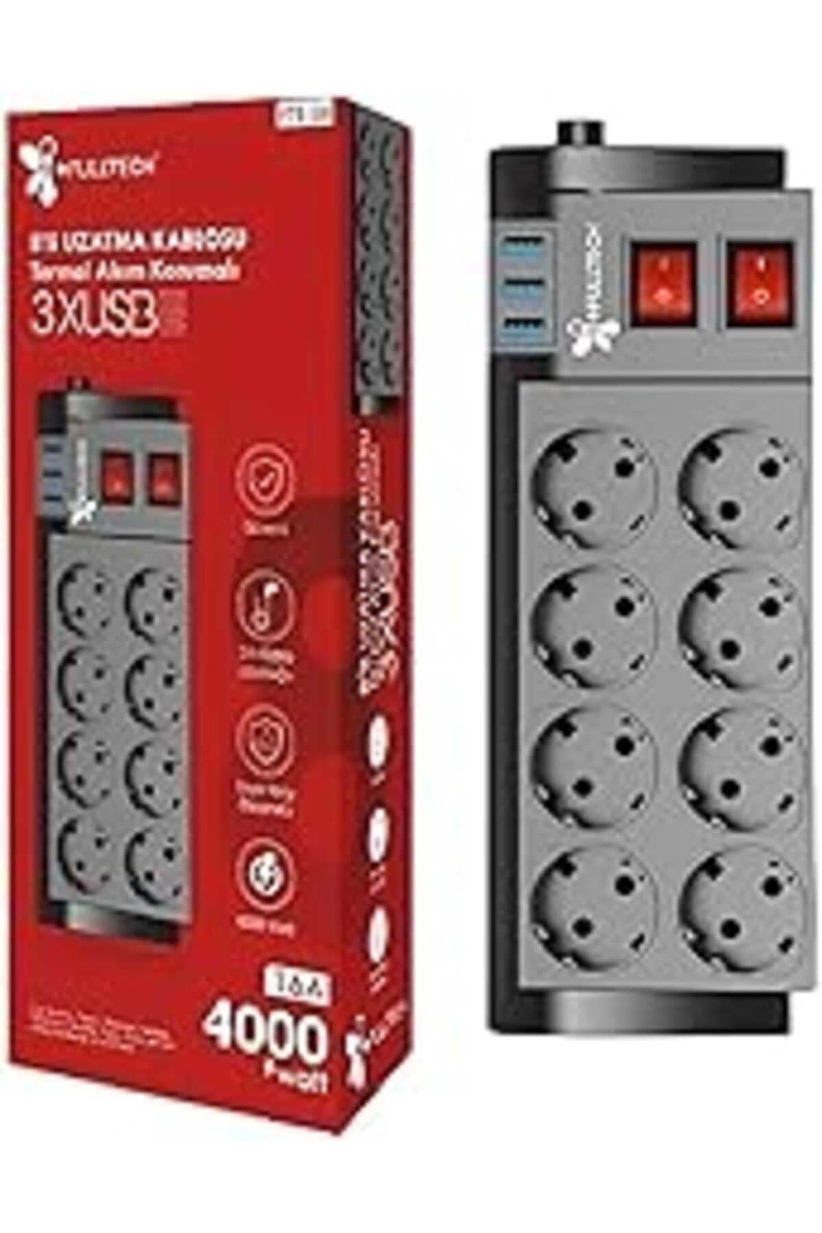 TBSProjects Termal Akım Korumalı, 8' Li Priz Soketi, Isıya Dayanıklı Yapı, 8X Priz Girişi, 3X Usb Girişi, Çocuk