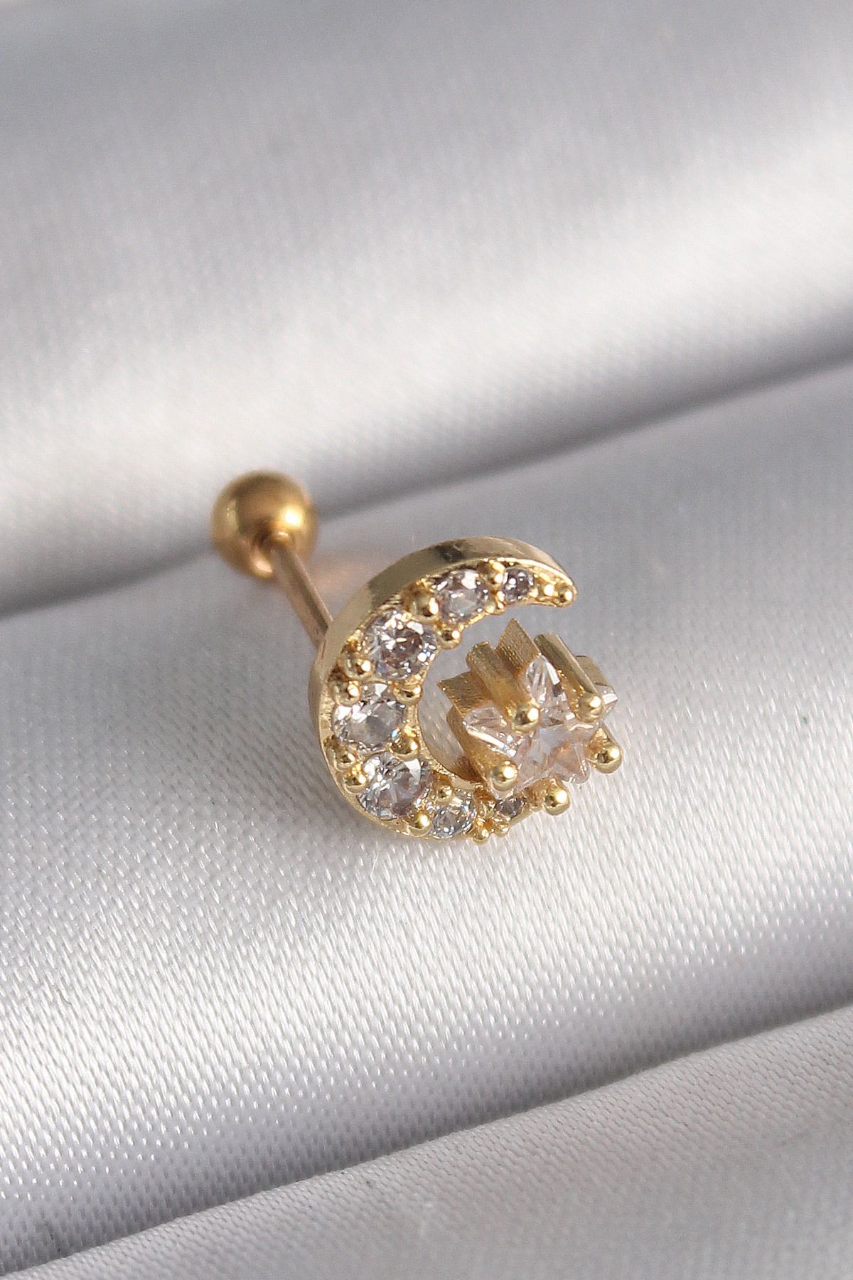 robotrend 316L Çelik Gold Renk Zirkon Taşlı Ay Tragus Piercing