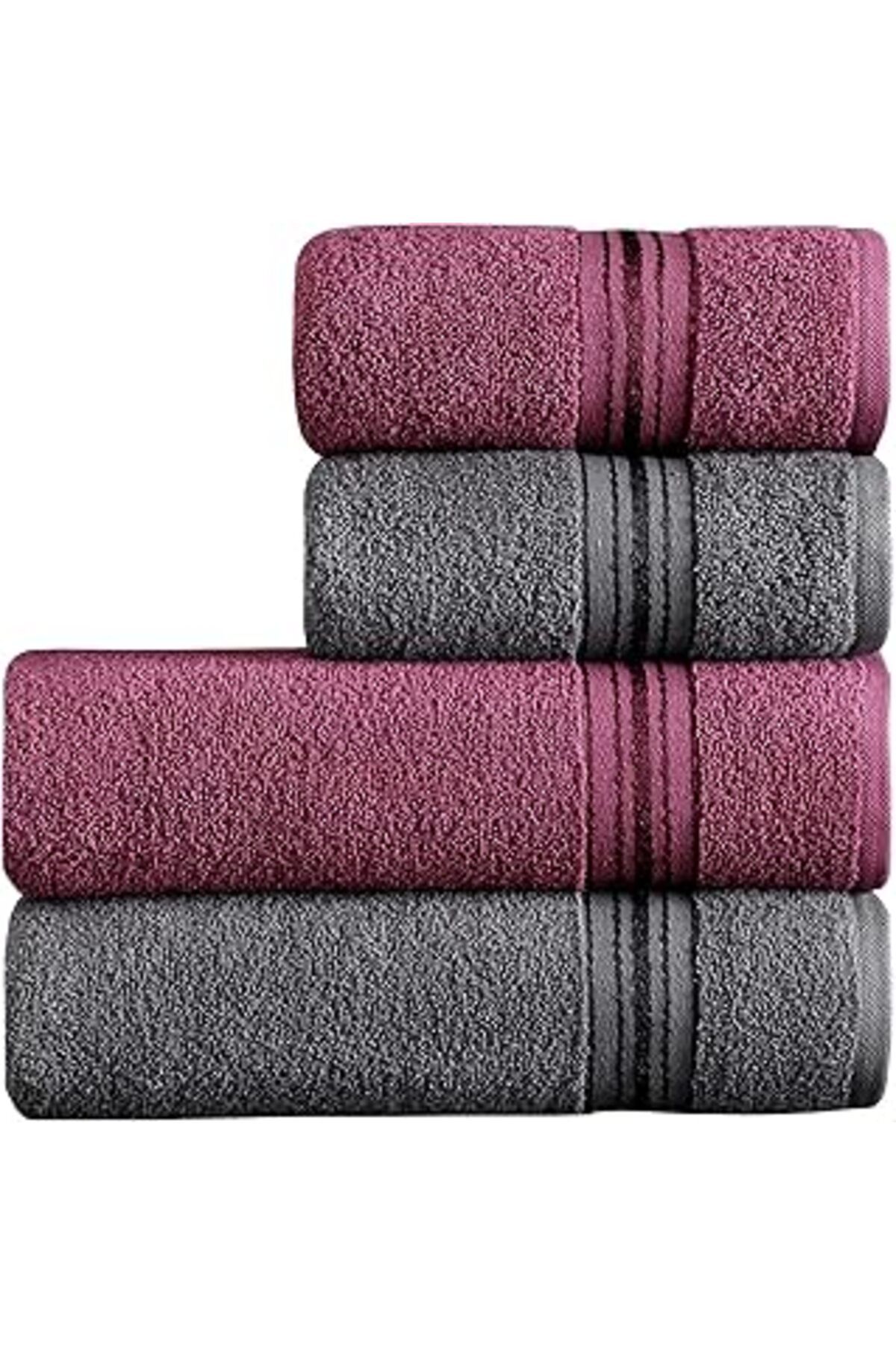 NZM TİCARET Mürdüm Home Molly Çift Renk Banyo Havlusu, 4'Lü Paket 2 Parça (70X135),2 Parça (50X85) Yumuşak Ve E