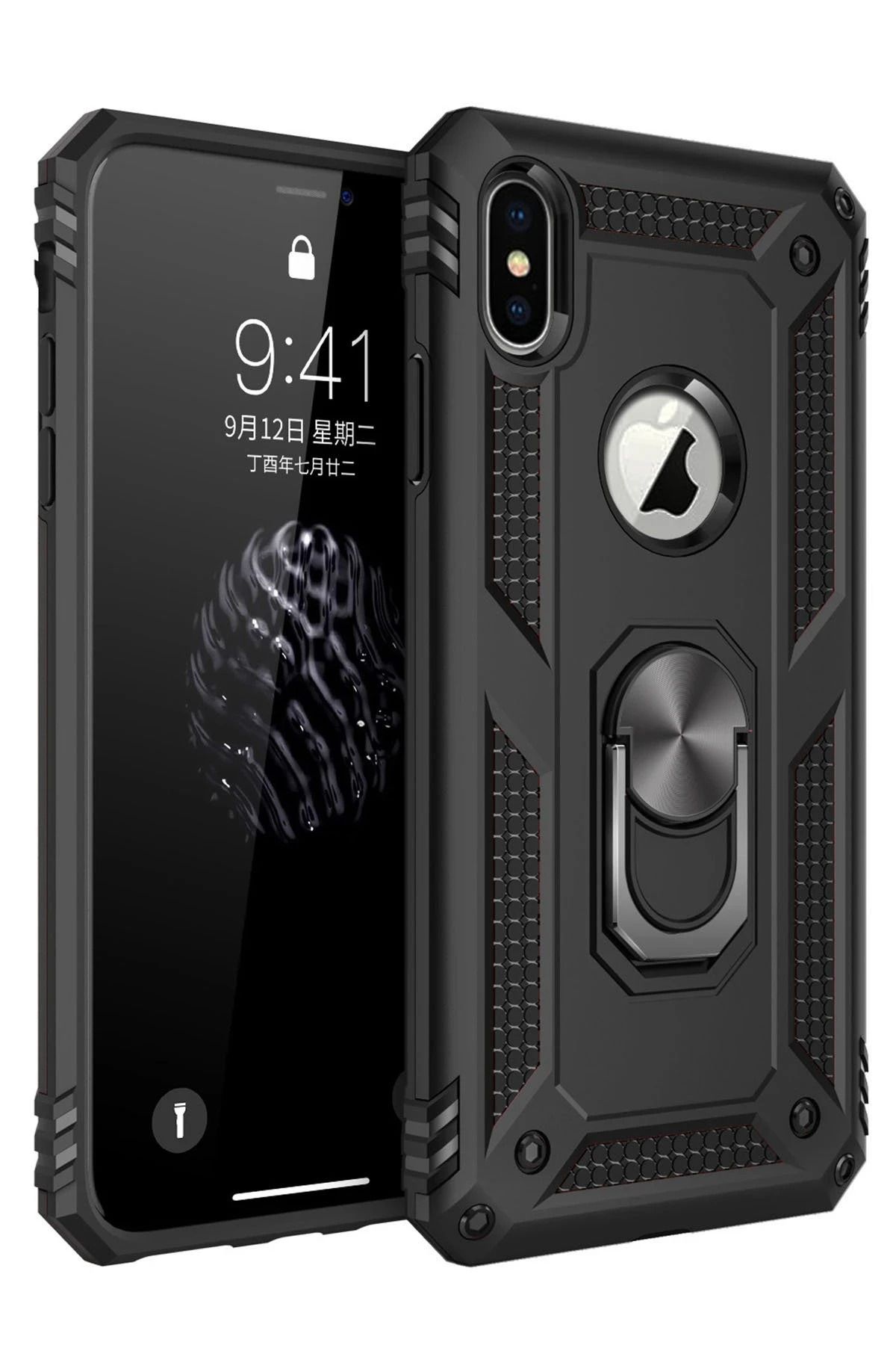 NewFace iPhone X Kılıf Sofya Yüzüklü Silikon Kapak - Siyah MRAYD