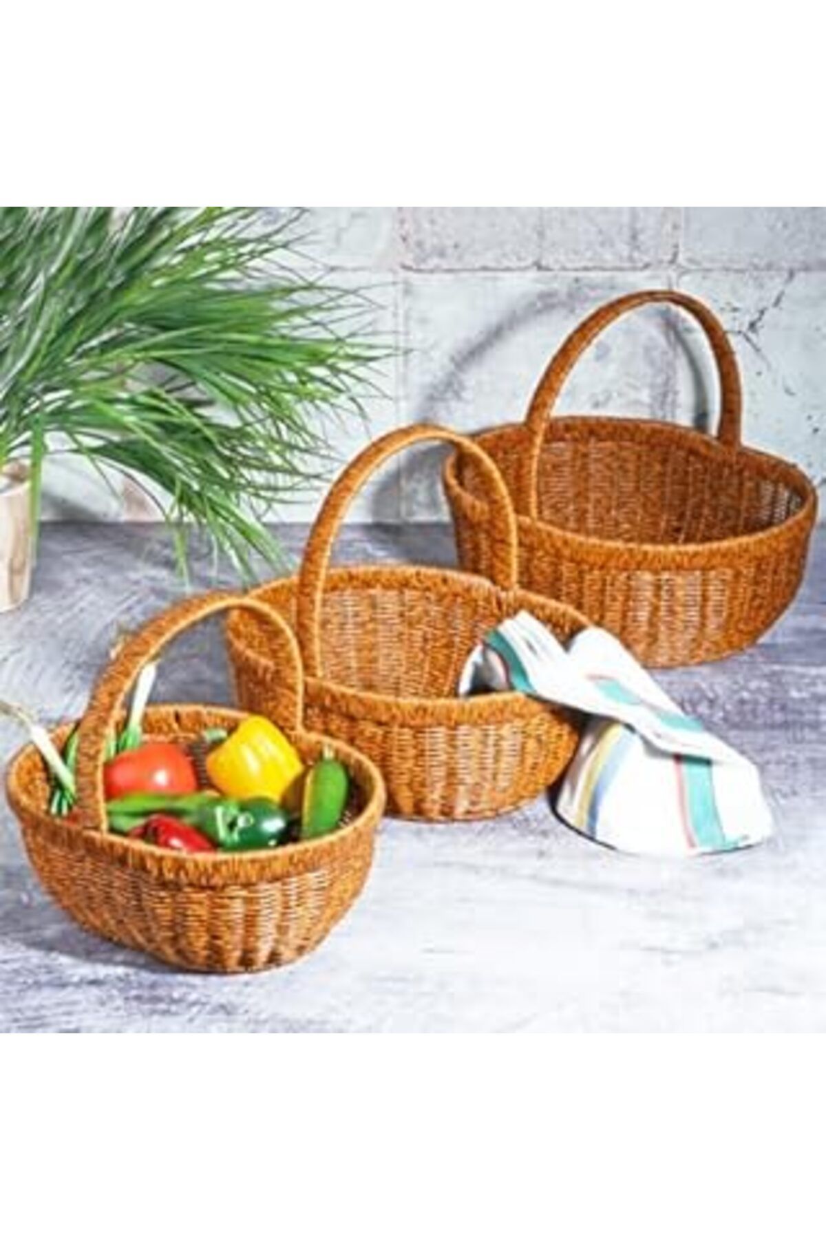 NZM TİCARET Wicker 3'lü Kulplu Hasır Sepet Seti