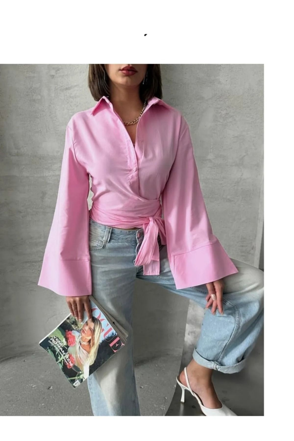 bm bessomoda fashion boutique İspanyol Kol Bağlamalı Beli Kuşaklı Gömlek