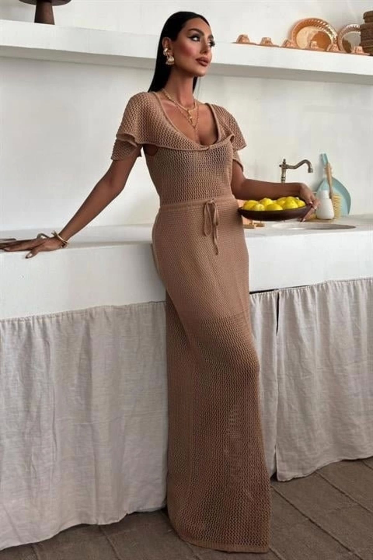 Butik Derin Yakalı Ve File Detaylı Triko Elbise 2867