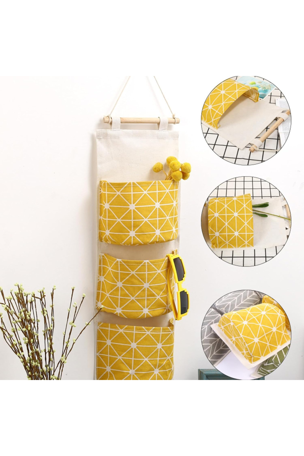 CRACOS-Hanging bathroom organizer, 3 textile shelves, yellow color 3
