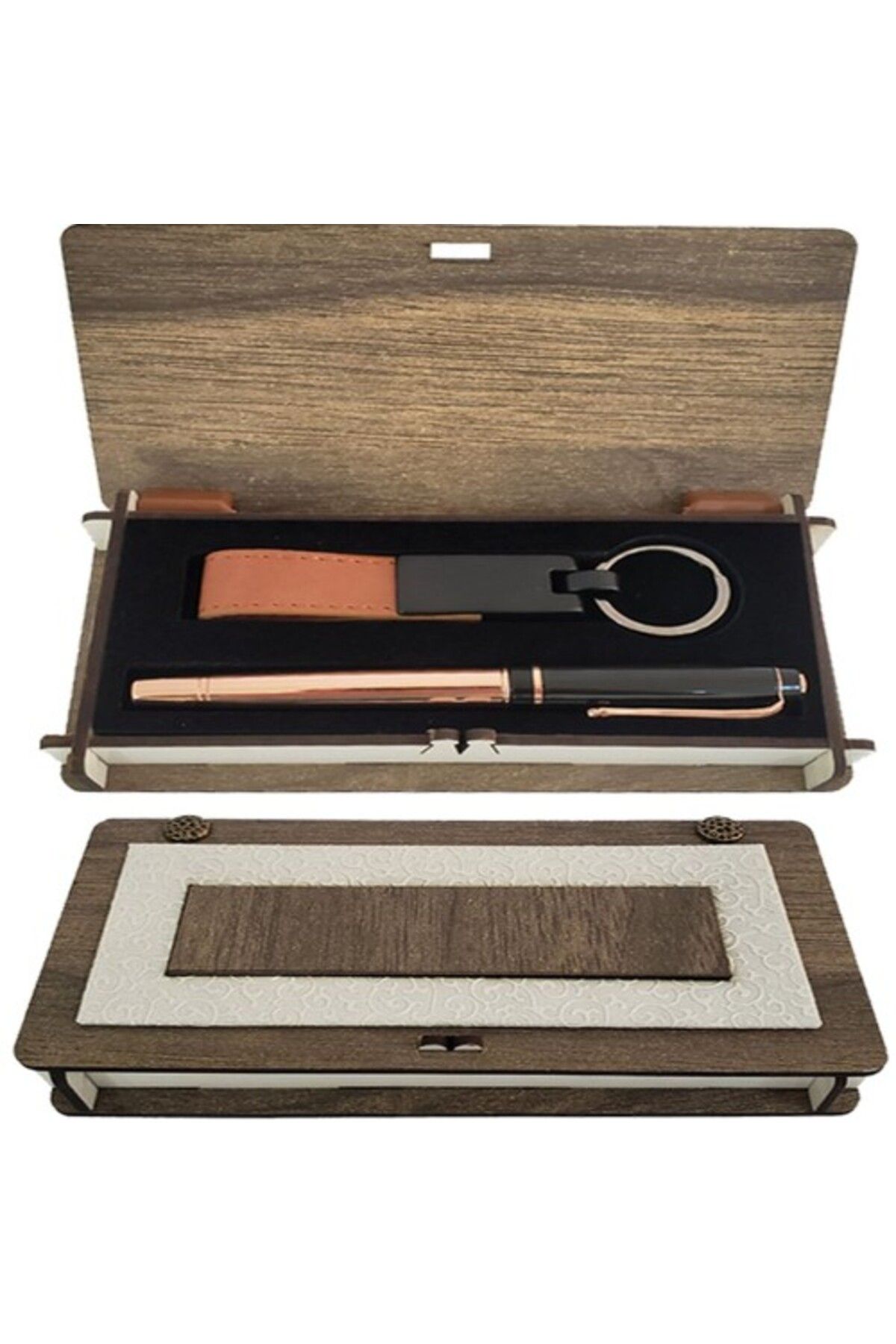Shop58 Dekoratif Ahşap Kutulu Bakır Kalem Anahtarlık Set