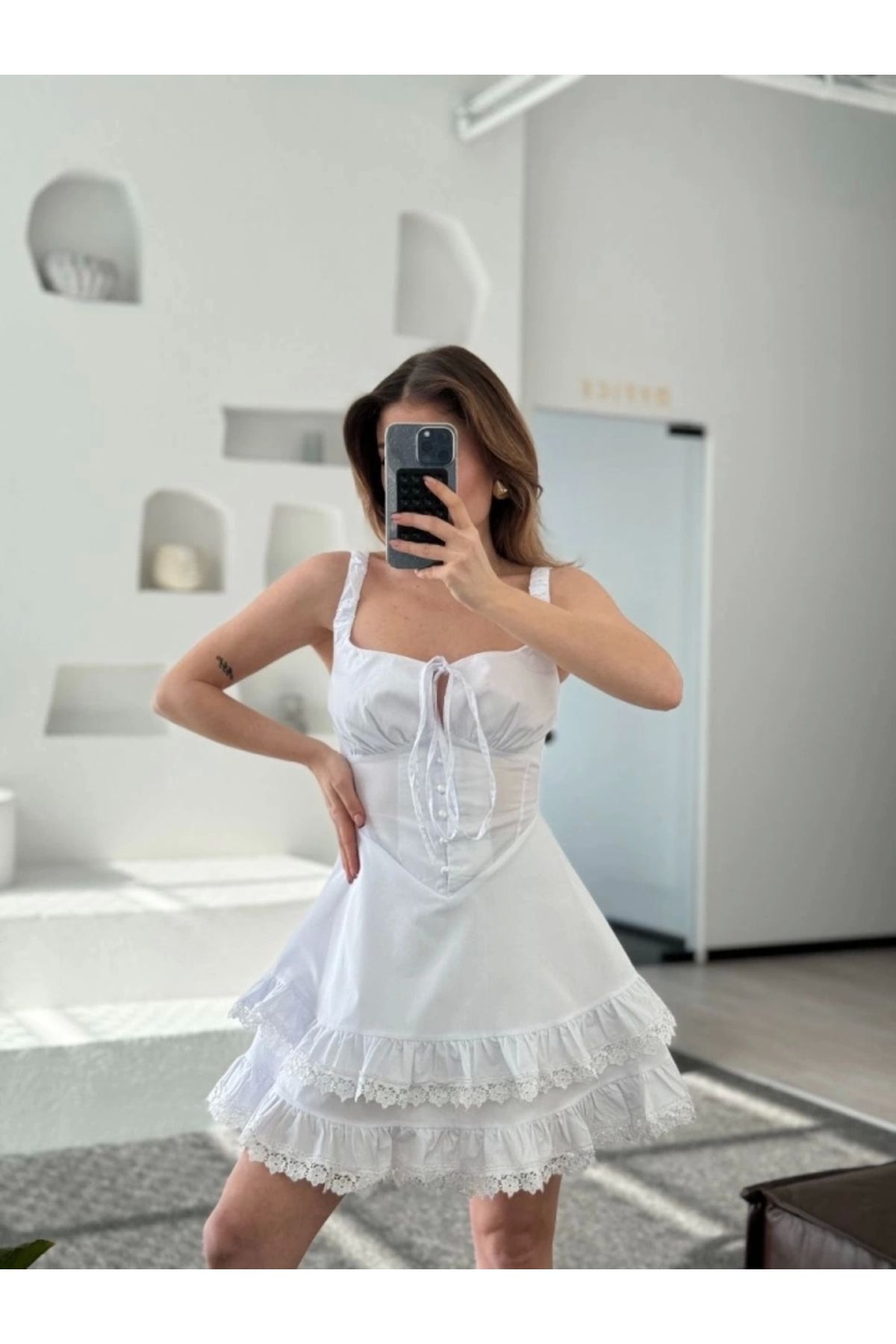 nedo7 Mini Askılı Elbise - Beyaz