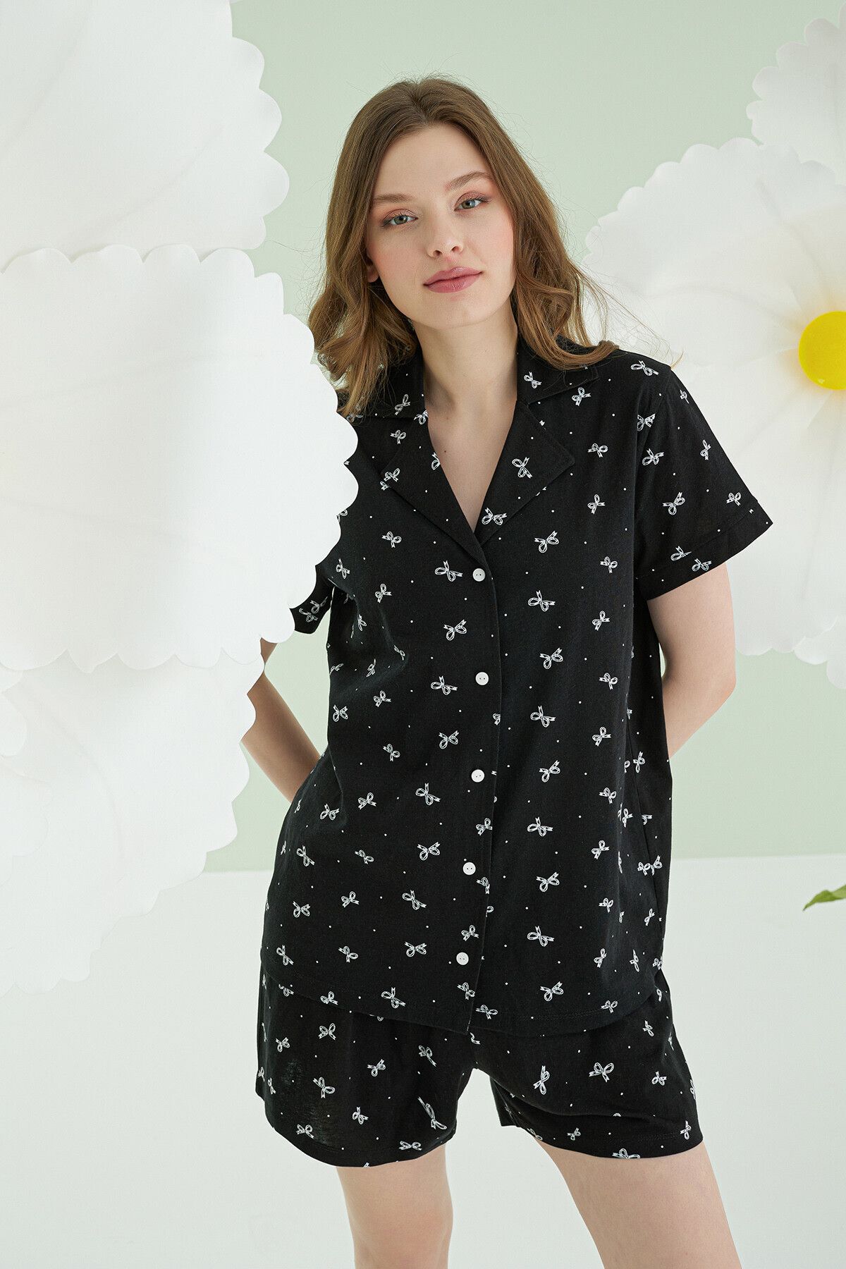 NBB Bow Önden Düğmeli Şortlu Pijama Takım