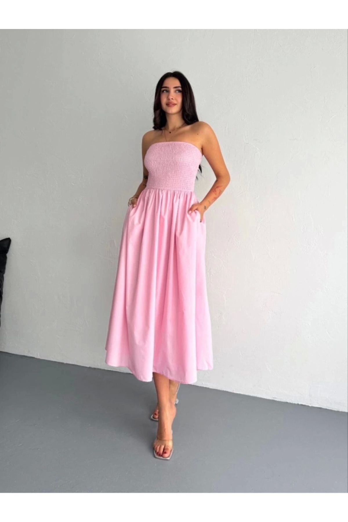 nedo7 Straplez Pileli Elbise - Pembe